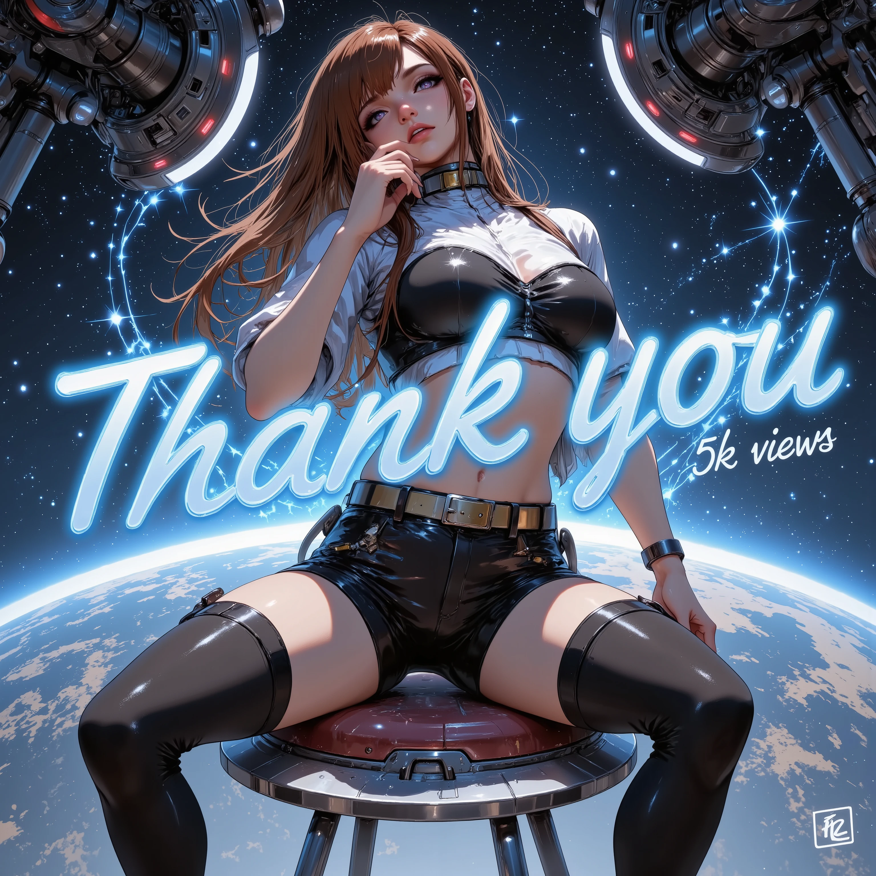 (((article, "Thank you for 5K Views ", Add text"Thank you 5K Views ", holographic big font))) ,Overlaying text on top of a character,(1girl,curvy,she is a space idol),Anatomically correct,background is the space