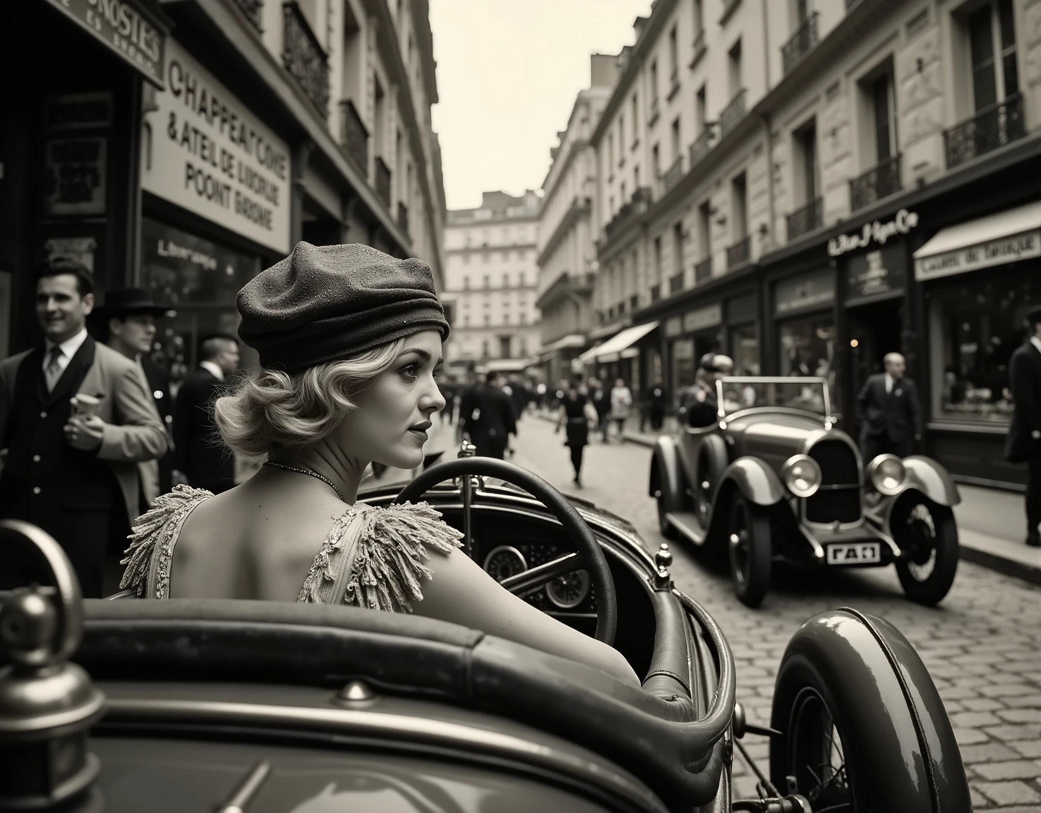 Close-up shot. A young woman, blonde and wearing a 1920s-style hat with a veil, sits at the wheel of a Bugatti Type 35, the camera pans her face through the windshield, captured in a retro black-and-white style. In the background is a narrow cobbled street in Paris in the summer of the 1920s. Four-story buildings line the street with classic French balconies and shop signs in French (e.g. "Chapellerie", "Atelier de Couture", "Librairie", "Café de l'Époque"). An elegant vintage car of the era (like a Bugatti Type 35 or a Citroën Type A) is either parked along the curb or driving slowly down the street. The focus is on pedestrians displaying the fashions and styles of the 1920s: women in low-waisted dresses with fringe or beads, cloche hats or turbans, and short or wavy hair; men in three-piece suits, bowlers or felt hats, perhaps with a thin moustache. The scene is meant to evoke the atmosphere of Paris in the early automobile age, with attention to textures such as cobblestones, the fabric of clothing, and the shine of the early automobile. The photo is slightly faded, sepia, and has a vignette around the edges, typical of old photographs.