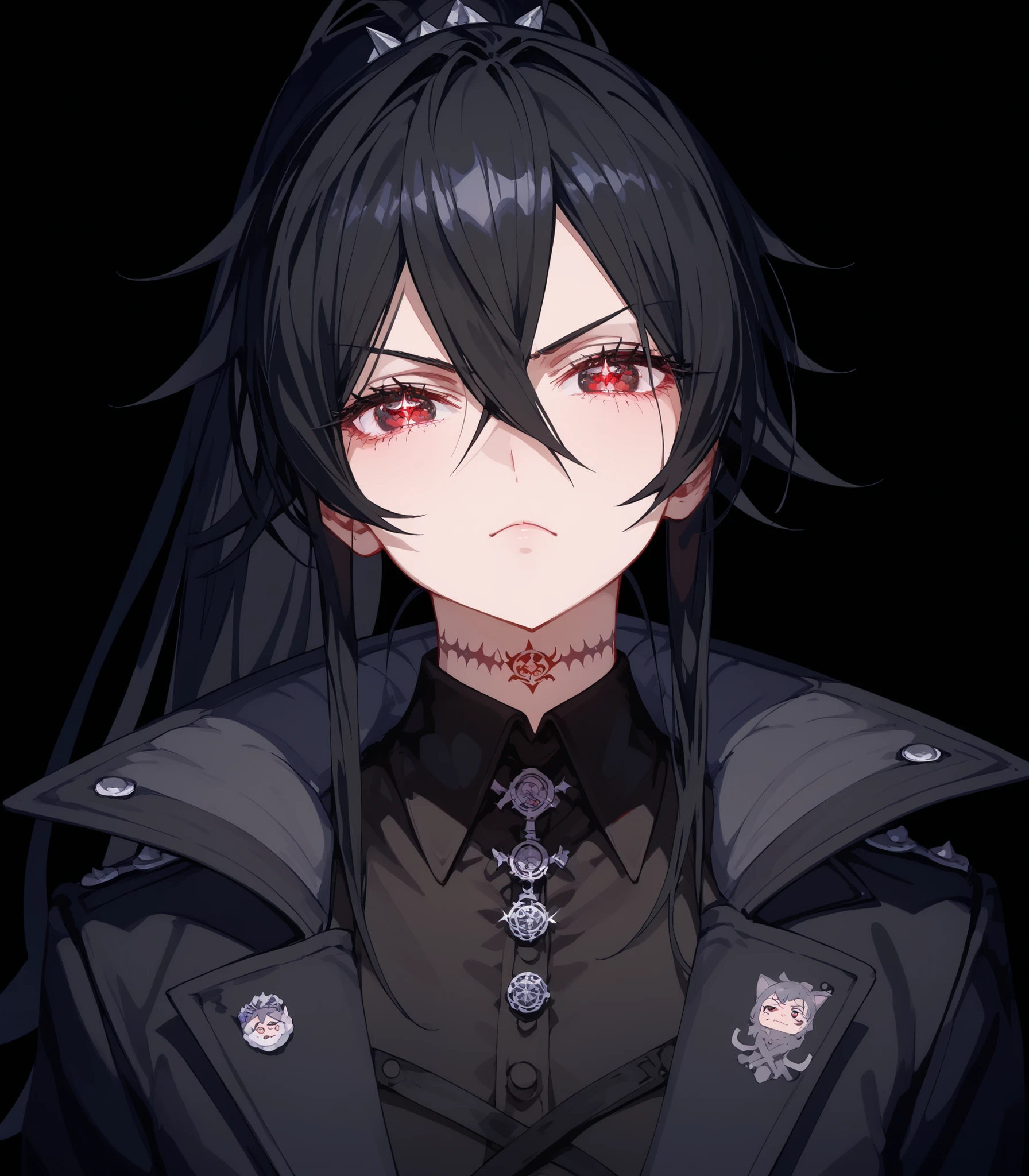girl,ผมสีดำ, Black hair,in red eyes,black sparkly eyes,black winter dress,Black Shirt,big-breasted dress,Black Coat, Tomboy,slim,good figure,long hair, ponytail,serious page,X,xBlack,black background,,Anime,upper body shape,รอยสักXที่คอ,Pointed eyes ,Fierce face, tattoo X, eyes,Black eyes,Collared shirt, thought X, thought tattoo ,Large X,รายละเอียดXสูงสุด,X,Two tone eyes,X,รอยสักX,