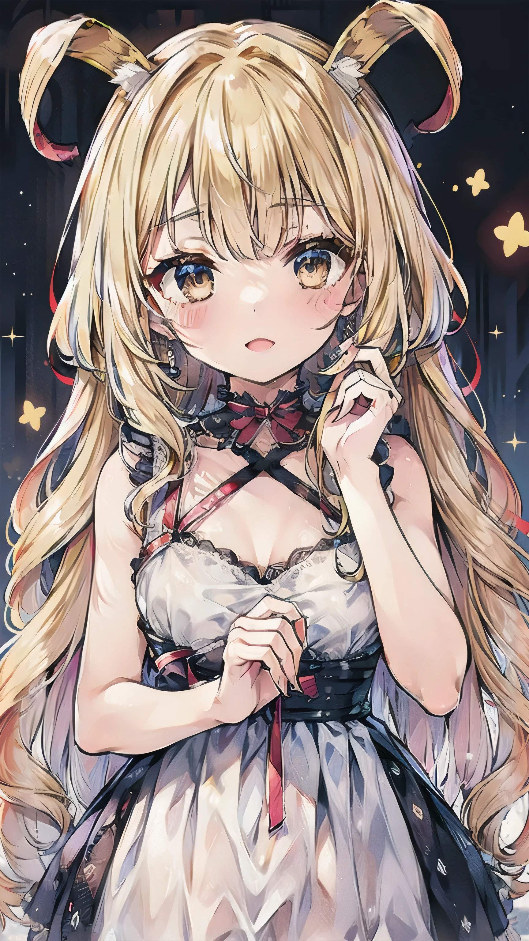 Dots are、明るいピンクの頬、she has chin-length, curly, golden blonde hair with wavy bangs.、she'dark-skinned girl, she is wearing a bright red headband with a ribbon on the right side of her head.. Dots are、she wears a shiny pastel blue and scarlet red dress with a small ribbon belt around her waist。, white collar, 4 crimson buttons, Bright red lining. sheのドレスの下には赤と淡いブルーのチュールスカートがある.. she also、Red top with white socks、she is wearing carnation pink high-top sneakers with bright red shoelaces, Shine; glitter, NSFW,