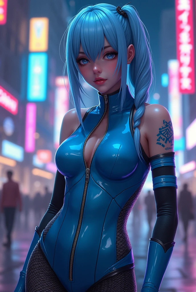 ((ultra resolution image)), ((HDR MORE)), ((ultra realistic modeling)), highest resolution, ((8k)), tall female, 37 years old, wet pink lips, medium breasts, medium hips, thick thighs , base ( Kitana Mortal Kombat ), mask, cyberpunk clothing, neon blue, beach, beach chair, sweaty skin, ultra long blue hair