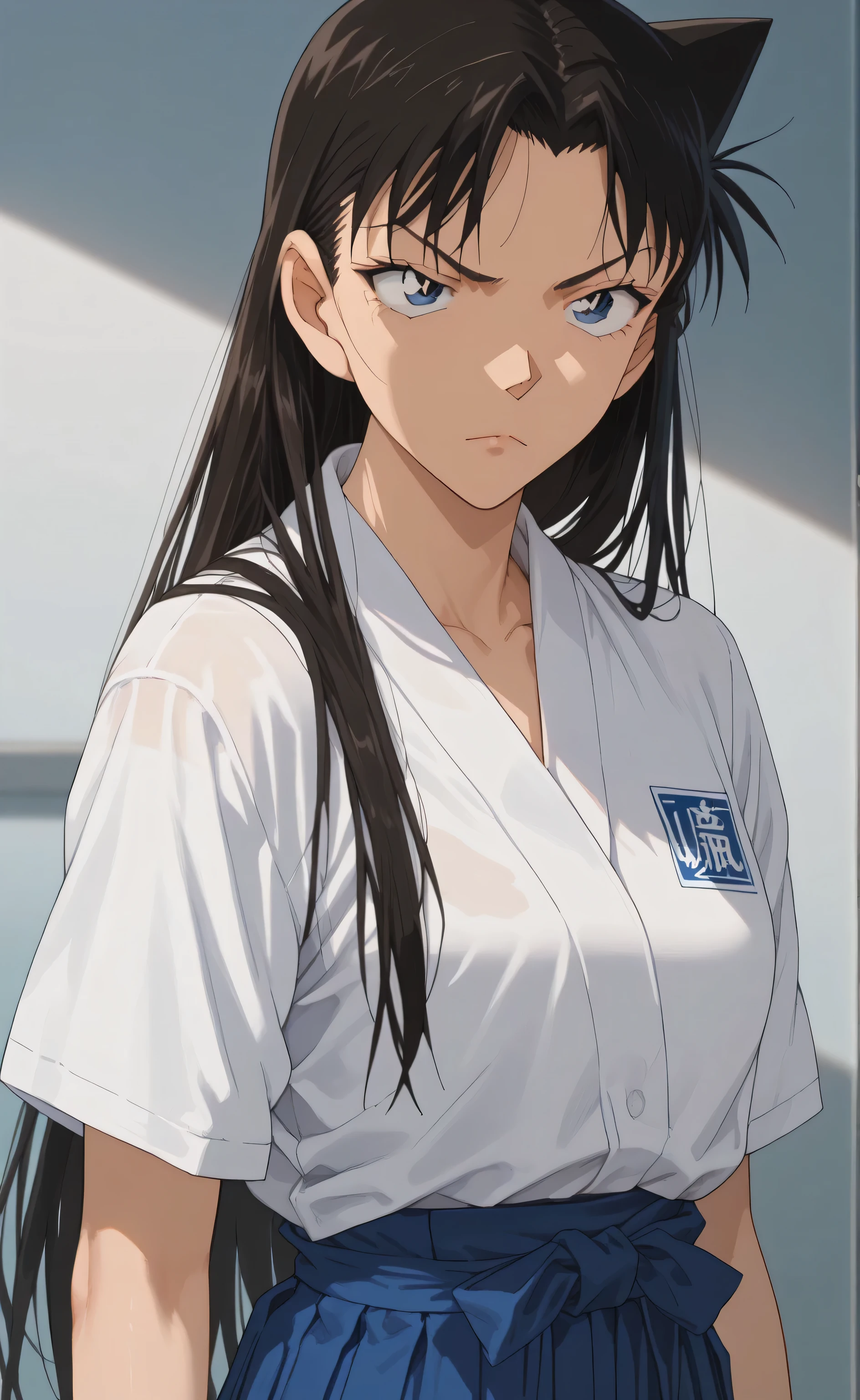 1girl,solo,Horikita Suzune,black hair, long hair,blue eyes,Kendo hakama uniform,school gym background,serious face,