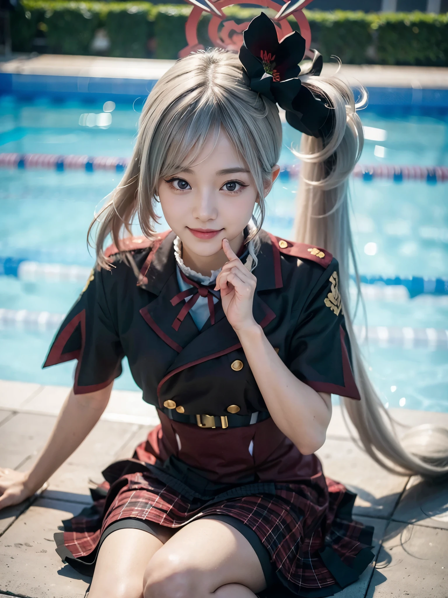 1girl, (cute Japanese girl), 18yo high school girl,
BREAK
(smile:1.15), Looking at camera,
BREAK
(close up:1.5), (portrait:1.2), stylish pose.
BREAK
(8k, RAW photo, best quality, masterpiece:1.2), (realistic, photo-realistic:1.4), (extremely detailed 8k wallpaper), sharp focus, depth of field, blur background, bokeh, cinematic lighting, soft light,
BREAK
flat breasts, (veiny skin:1.5),
BREAK
short sleeves, red skirt, plaid skirt, frilled skirt, frills, thigh strap, black footwear boots
BREAK
mutsuki, white hair, long hair, ((side ponytail)), hair ornament, hair flower, black flower, hair ornament, purple eyes, (((halo))),
BREAK
Virtual Reality District, (((in the swimming pool))),