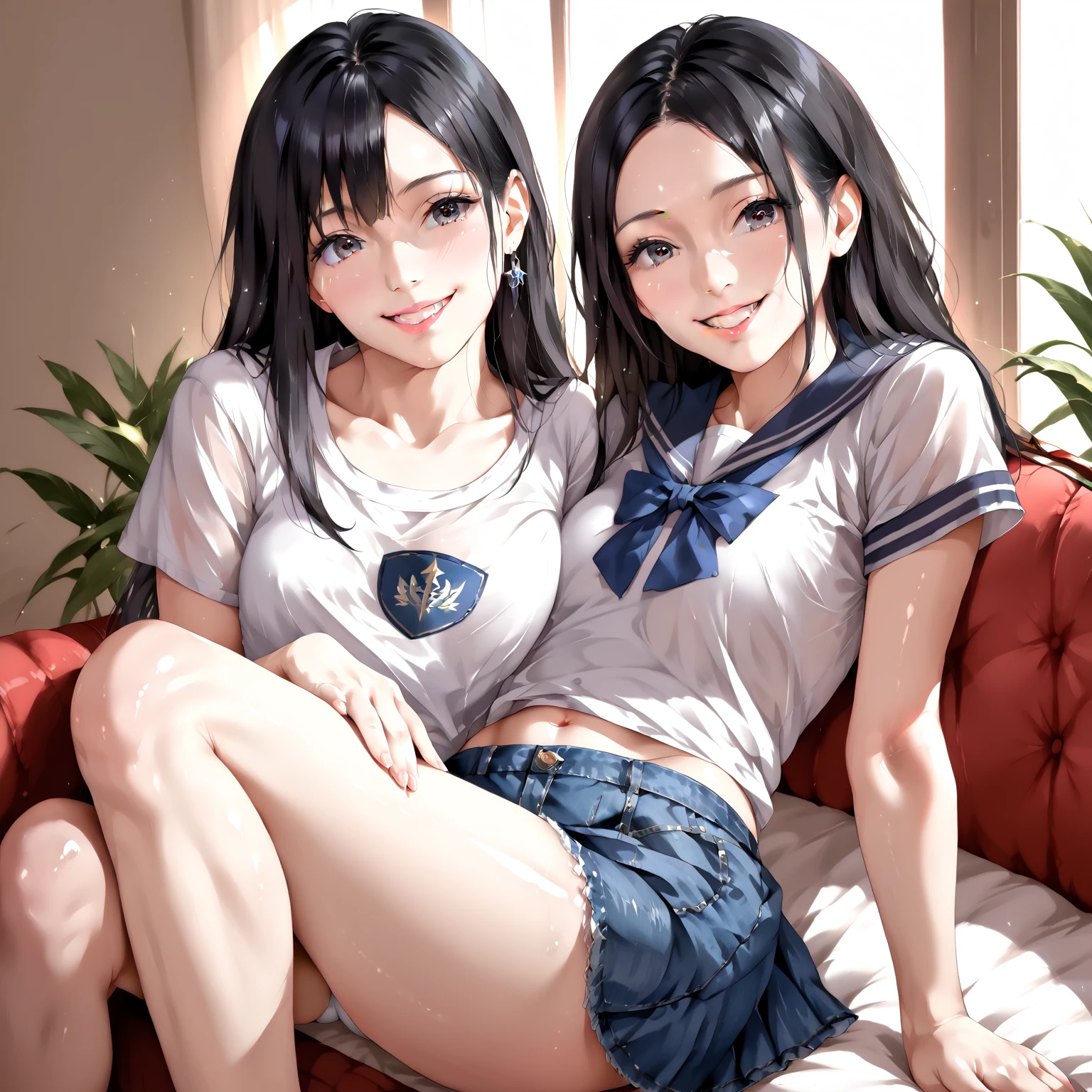 Girl with long black hair、(His blue and white checked shirt is unbuttoned、A glimpse of the orange bra)、(Blue it with your legs spread in an M shape、Showing off her cute white underwear)、(barefoot、cute leather shoes)、Short, big breasts, slender、Sisters give a double peace sign