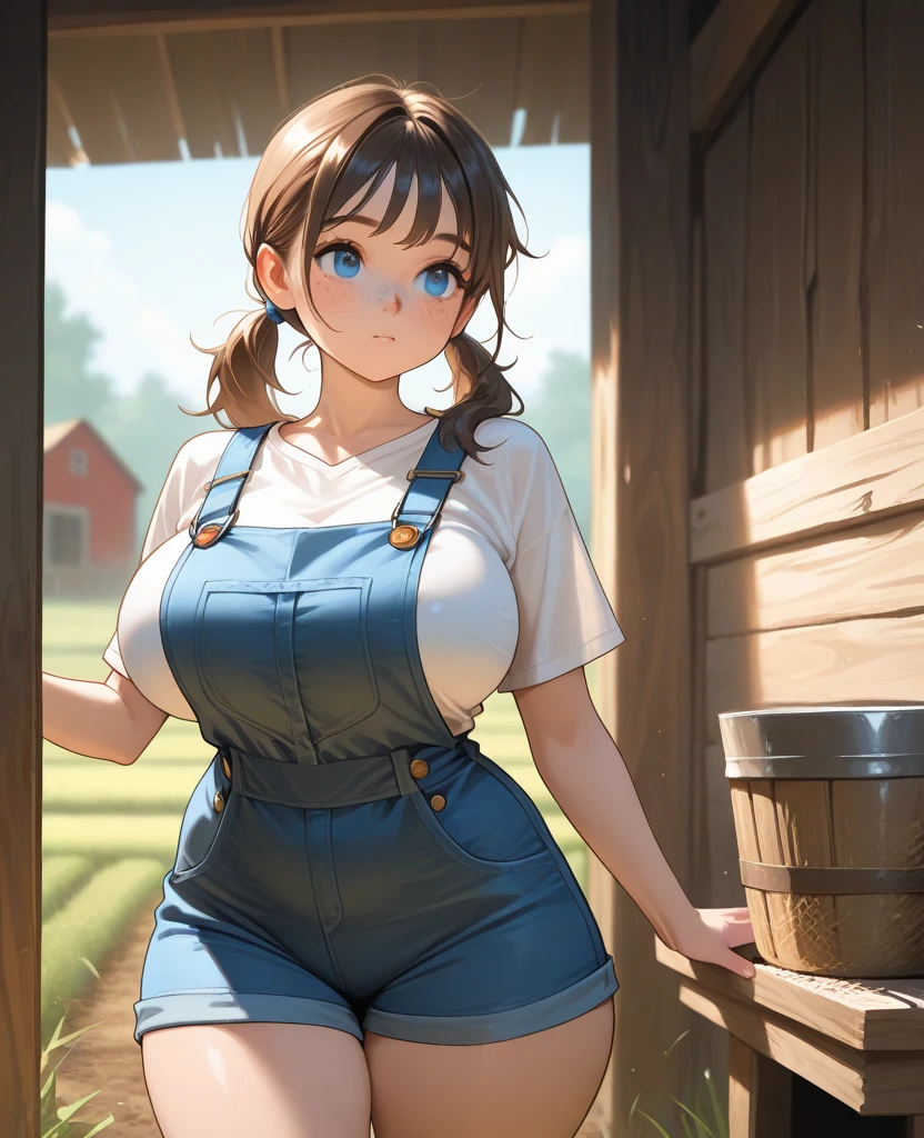 1girl, solo, ponytail, (naked:1.3), (overalls), large breasts, cleavage, farm background, smiling, (blushing:1.3), pov