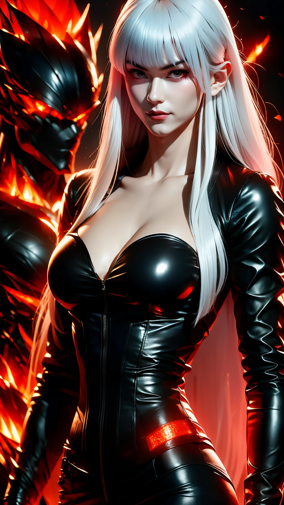 Highly detailed action figure blister packaging design featuring a solo female anime character titled "Shadow Huntress". The full-body figure is centered, with long silver or white hair, red glowing eyes, pale skin, wearing a gothic black outfit: corset top, long coat or cloak, high boots, and dark nail polish. Accessories are neatly arranged around her in designated slots: a black dagger, a sleek pistol, stylish dark sunglasses, a silver pendant necklace, and a black leather handbag. The background has a moody, atmospheric cityscape with mist and glowing embers. Packaging is sleek and collectible, with the title "SHADOW HUNTRESS" in bold, modern font at the top. Cinematic lighting, high contrast, and ethereal ambience.