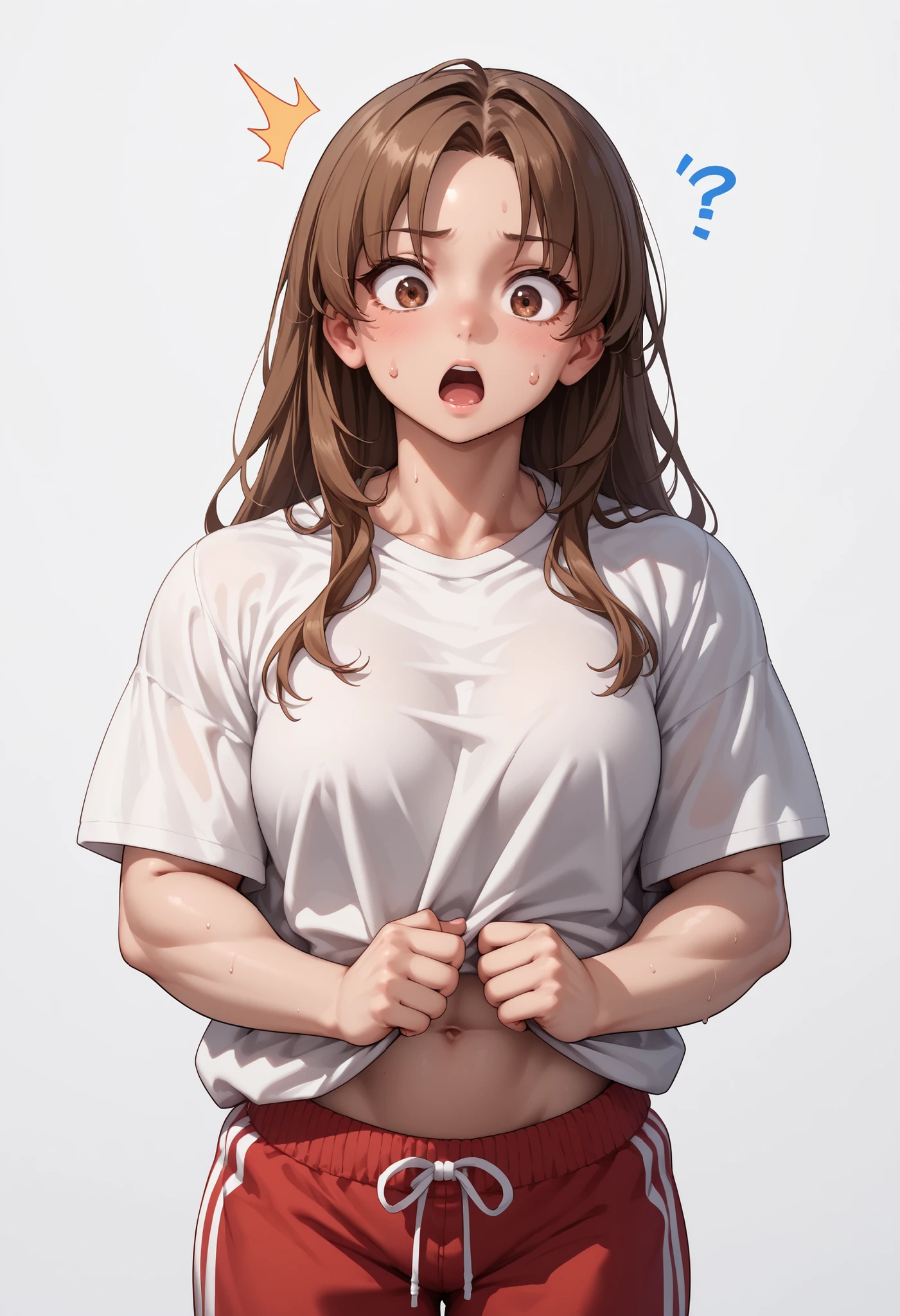 source_anime ,score_9, score_8_ up, score_7, ((White background)) ((Russian woman)) ((1girl)) (solo girl) ,30 years old, rathing_questionable (White oversized t-shirt:1.4) (Red sweatpants:1.2), brown eyes , (brown Long hair) , straight hair ,((muscular:0.7)) ((breasts:0.2)) , (((thin:0.4))) (Flat chest:0.4), surprised ,open mouth ,strong , (sexy) tall
