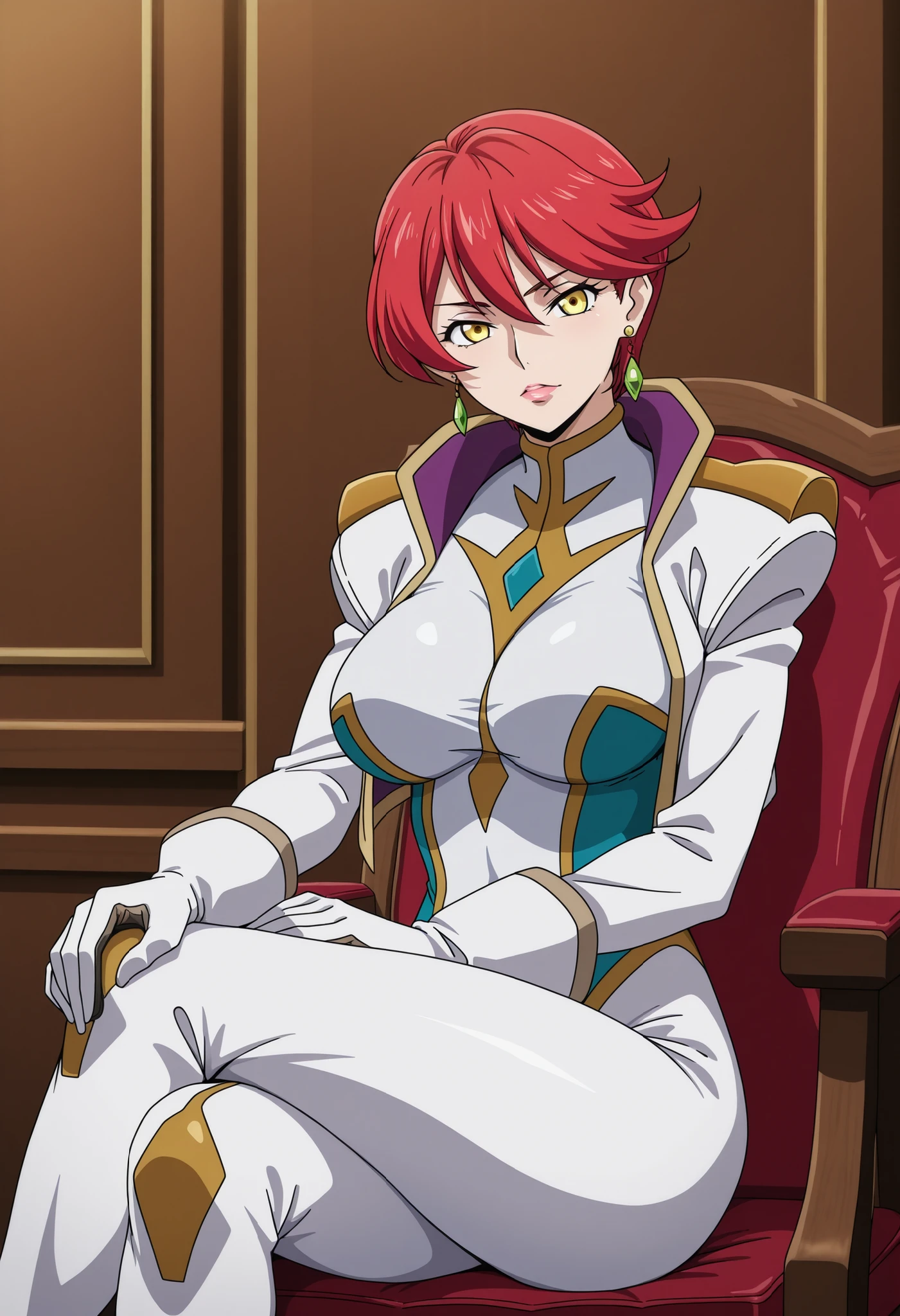 Narah_Pilot suit ,Narah vaughn,one girl,Alone, red hair,Sitting,crossed legs,poetry,breasts,chair,yellow eyes,gloves,looks at the viewer,Jewelry,Earrings, lipstick ,large breasts,mature female,mature mothers,