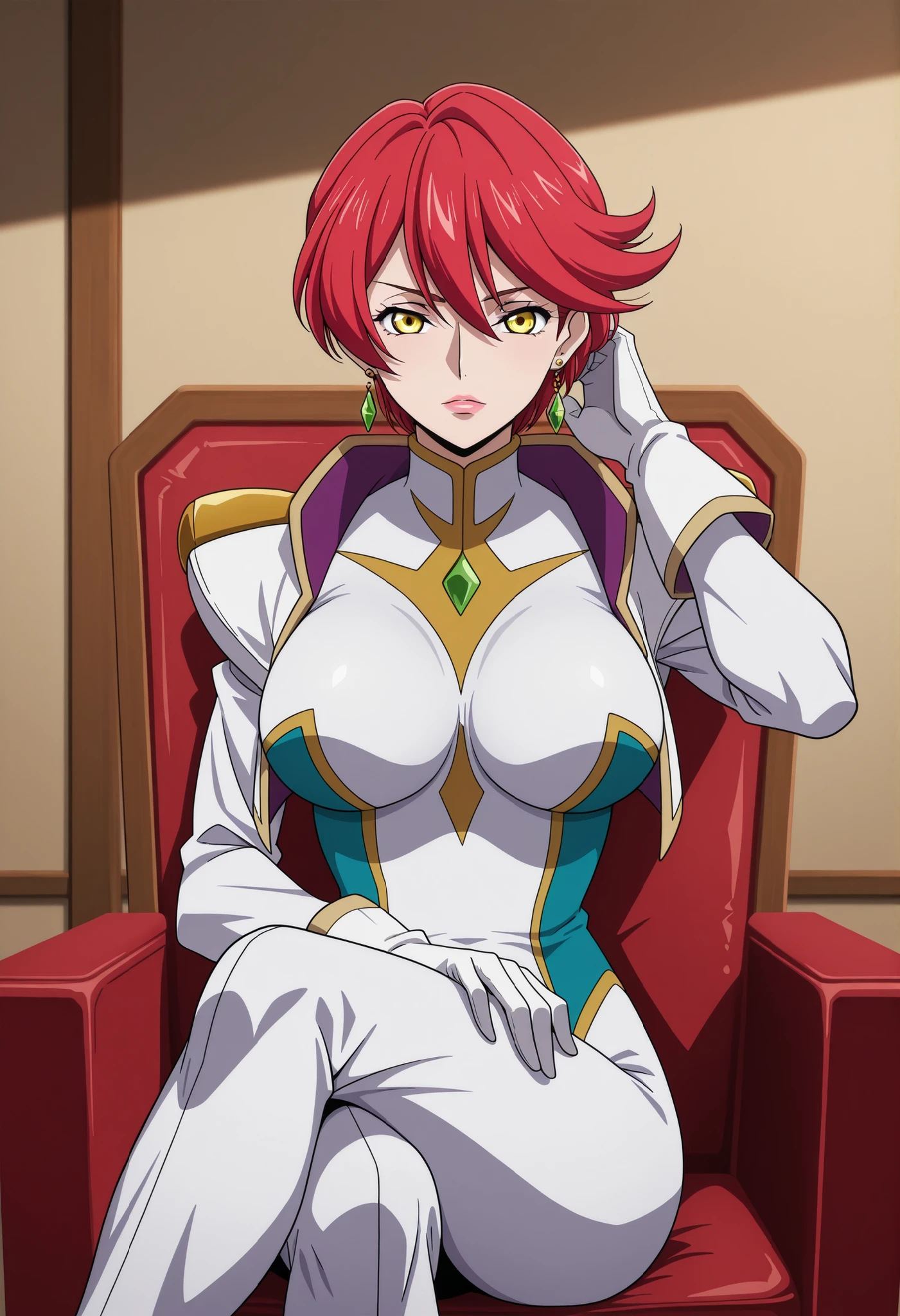 narah_pilotsuit,narah vaughn,1girl,solo,red hair,sitting,crossed legs,short hair,breasts,chair,yellow eyes,gloves,looking at viewer,jewelry,earrings,lipstick,large breasts,mature female,MILF,