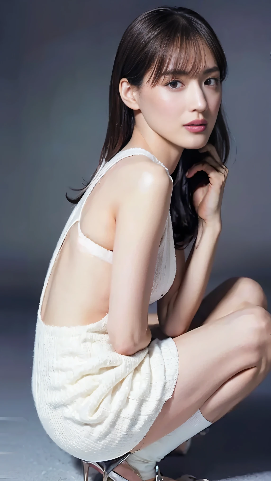 (((Masterpiece)))), (((highest quality)))), ((Ultra Definition)), (High Definition 8kCG), (Very delicate and beautiful)), (from the side), Cinematic light, ((((13 years old)))), ((Machine Girl))), Solo, (Whole body), (Mechanical joint: 1.2), (Mechanical limb)), (Blood vessel connected to tube), (Mechanical spine attached to the back), ((Mechanical cervical vertebrae attached to the neck))), ( sitting), expressionless, (wires and cables attached to the neck: 1.2), (wires and cables on the head: 1.2) (character focused), science fiction, highly detailed, colorful, most detailed, (live))))), (high quality photo)))), (real human face)))), ((realistic girl image))), 13-year-old girl, (full body photo)))) , ((((Full body image)))), ((White see-through underwear)))), ((Transparent bikini)))), (Transparent white underwear)))), (Micro bikini)))), (Image from head to toe)))), shiny feet, (Modify feet)))), (Barefoot), , (Glossy feet), (Eyes are corrected), ((Foot string)))), (Delicate and beautiful hands)) )), (((Delicate and beautiful legs))), (thin lean body), ((((Legs are small)))), , ((((Waist with a very crooked waist)))), ((Foot size 23cm)), (Feet are beautiful),