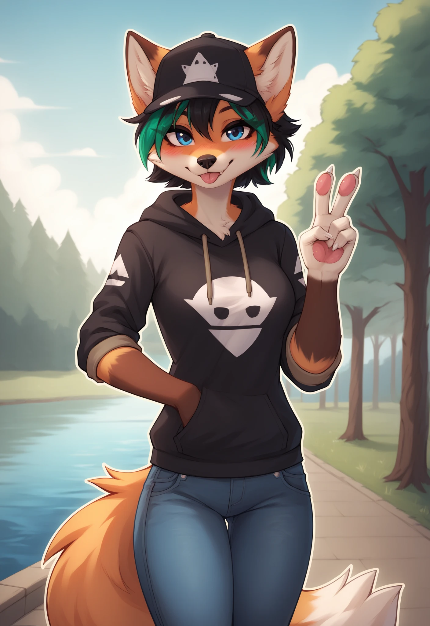 A closeup of a cartoon fox wearing a green shirt and blue shorts, fox girl, tonic the fox, a den fox, mini girly furry cute style, female fox, female fursona, furry fursona, fursona wearing elegant clothes, furry furaffinity, a den foxpomorfo, portrait of a den fox, fursona art, furry character