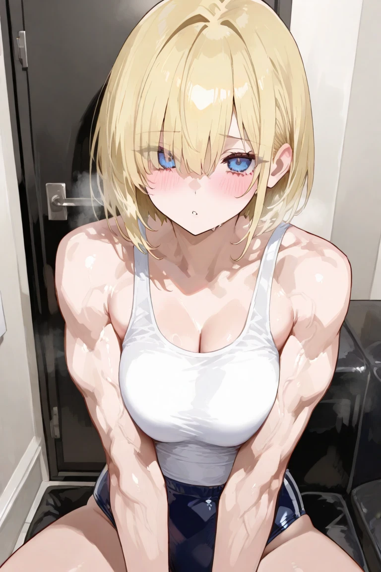 Best_quality, masterpiece, highres, detailed, detailed_background, ray_tracing_graphic, solo, adult_female, {saber_fatestaynightufotable:1.15}, blonde_hair, French_bread, little_ahoge, detailed_green_eyes, blue_ribbon, 1girl, anime_coloring, detailed_face, kuudere_face, smile, five_fingers, blush, large_breasts, white_bikini, blue_straps, pants, from_the_top, lying, bed, dark_room, night_time, looking_at_viewer, oily_skin, sixpack_abs, detailed_skin, detailed_texture