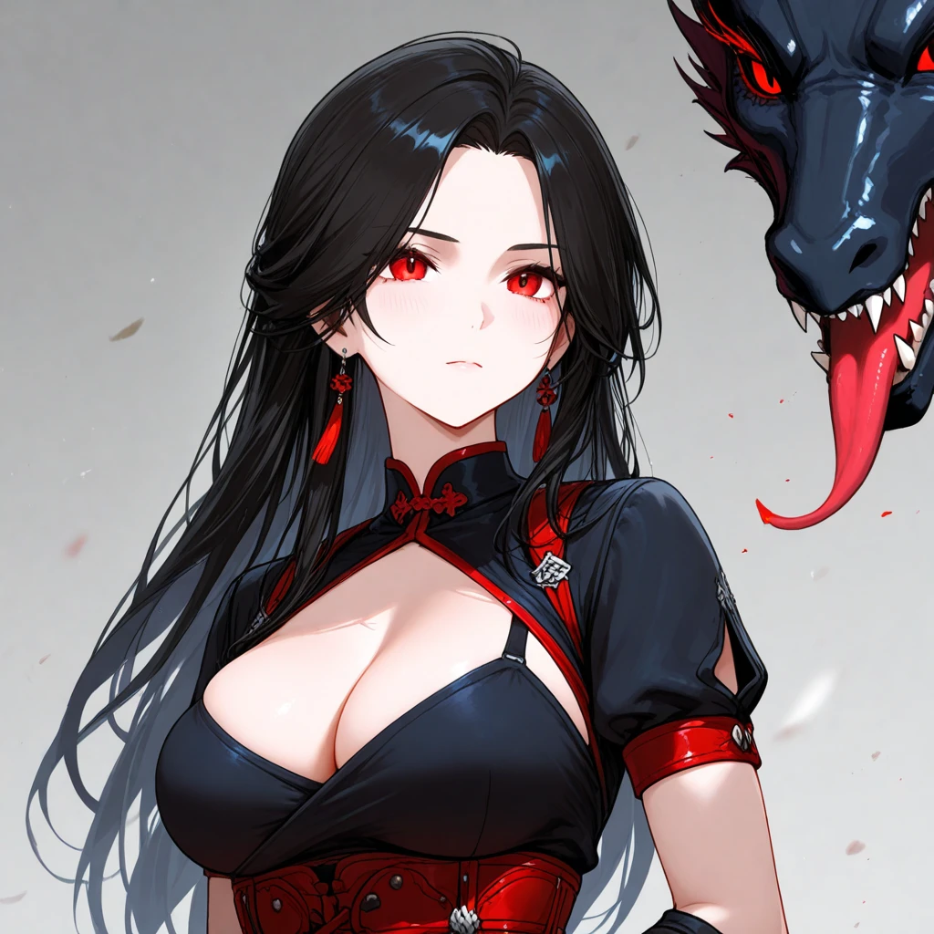 A girl with long loose black hair, crimson red eyes. Deep red lipstick, red eye shadow , very big breasts demon, geisha clothes , big breasts, ((arms behind back)), dragon, portrait, close up, big eyes, ulzzang, sparkling eyes,