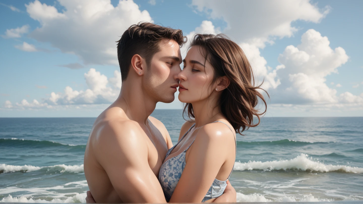 by Henry Scott Tuke, young beautiful russian couple, on sunny beach, high resolution, masterpiece, HD,