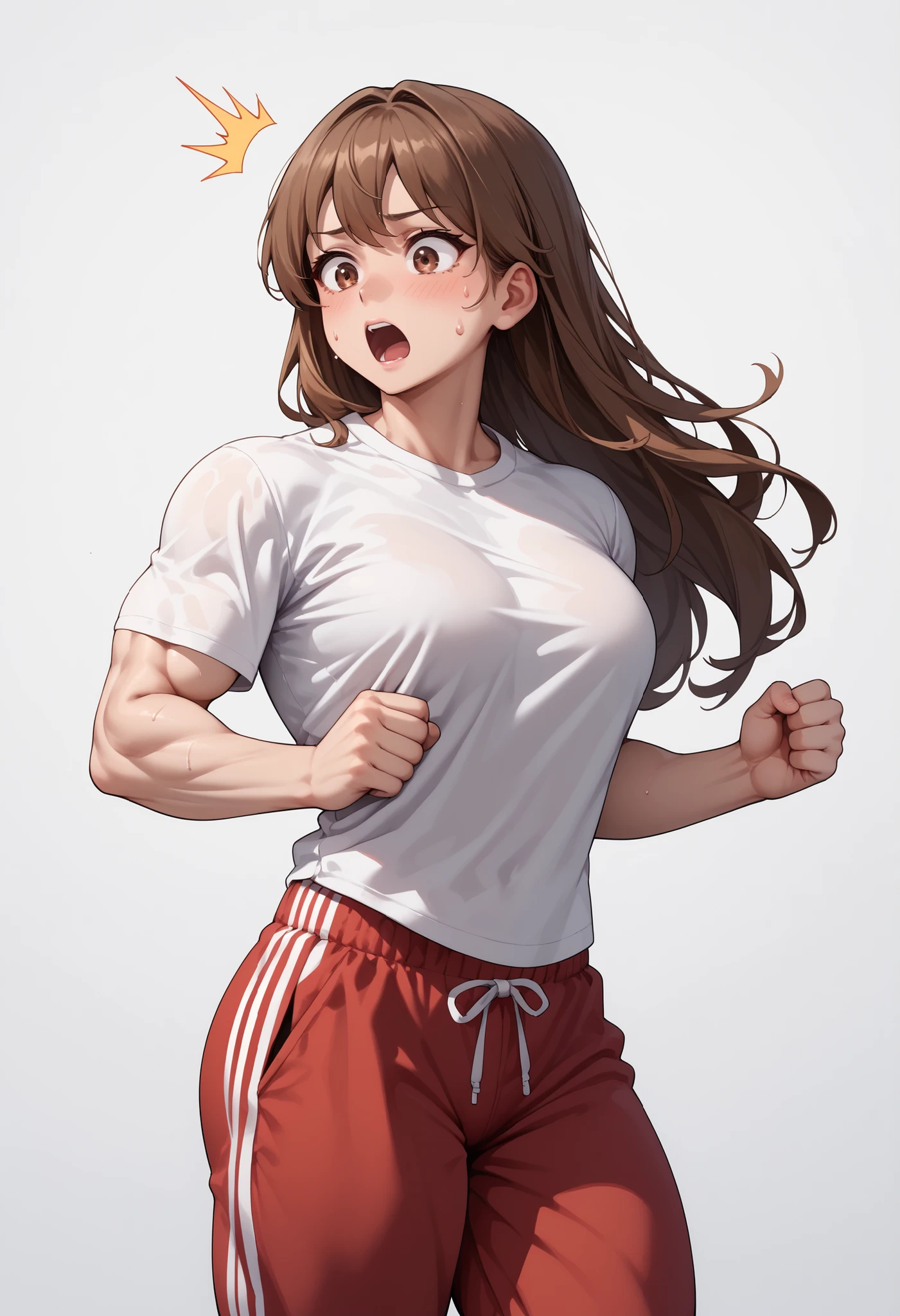 source_anime ,score_9, score_8_ up, score_7, ((White background)) ((Russian woman)) ((1girl)) (solo girl) ,30 years old, rathing_questionable (White t-shirt:1.4) (Red sweatpants:1.2), brown eyes , (brown Long hair) , straight hair ,((muscular:0.4)) ((breasts:0.2)) , surprised ,open mouth ,strong , (sexy) tall ((Flexing arm:0.8))