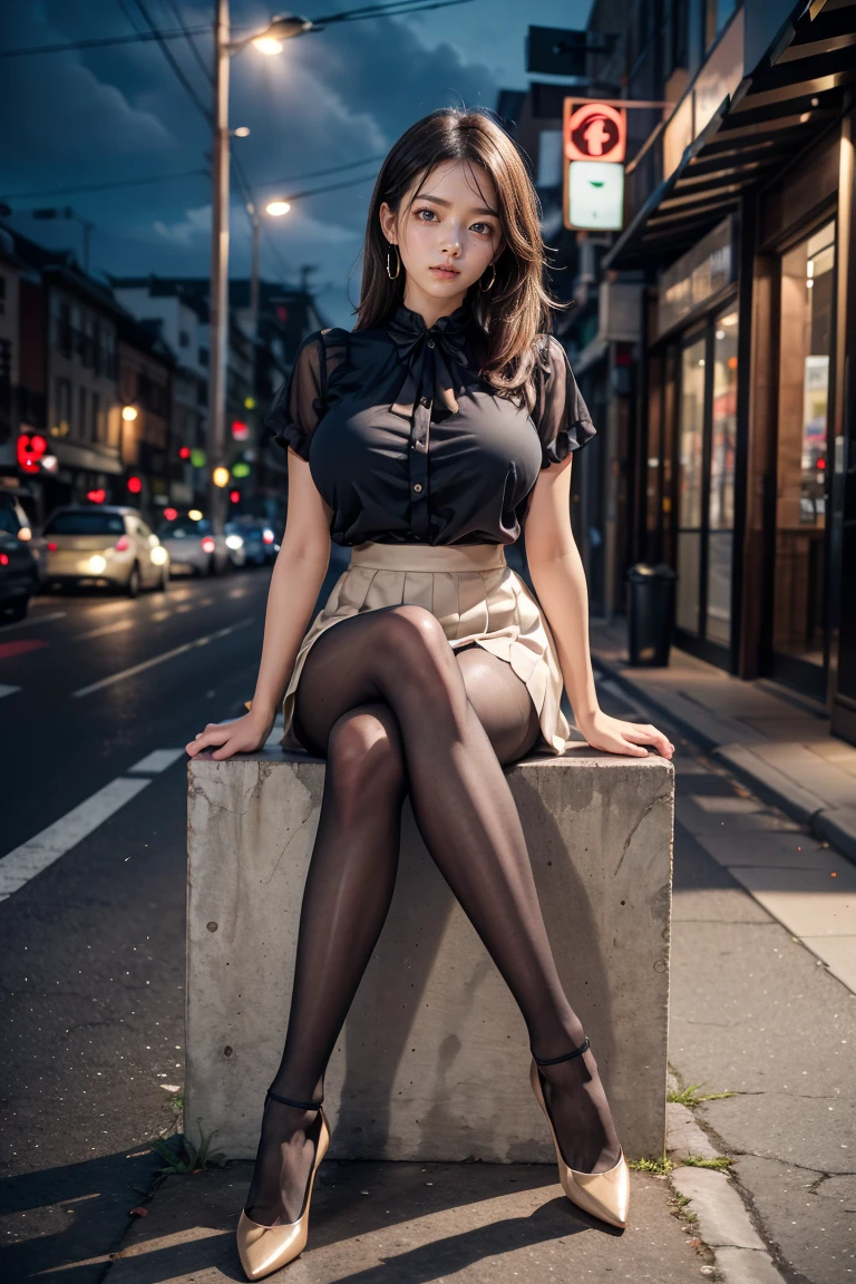 tallgts,giantess,Full body photo,BuildingSeat,White tight shirt,Big breasts,pencil skirts,black lence stockings,stiletto,(Long legs:1.2),Extremely tall girl,Above the house,Beautiful looks,Delicatemakeup,Perfect lighting,Cinematic quality,8K,High quality,(GTS:1.5),Aerial View,With tiny