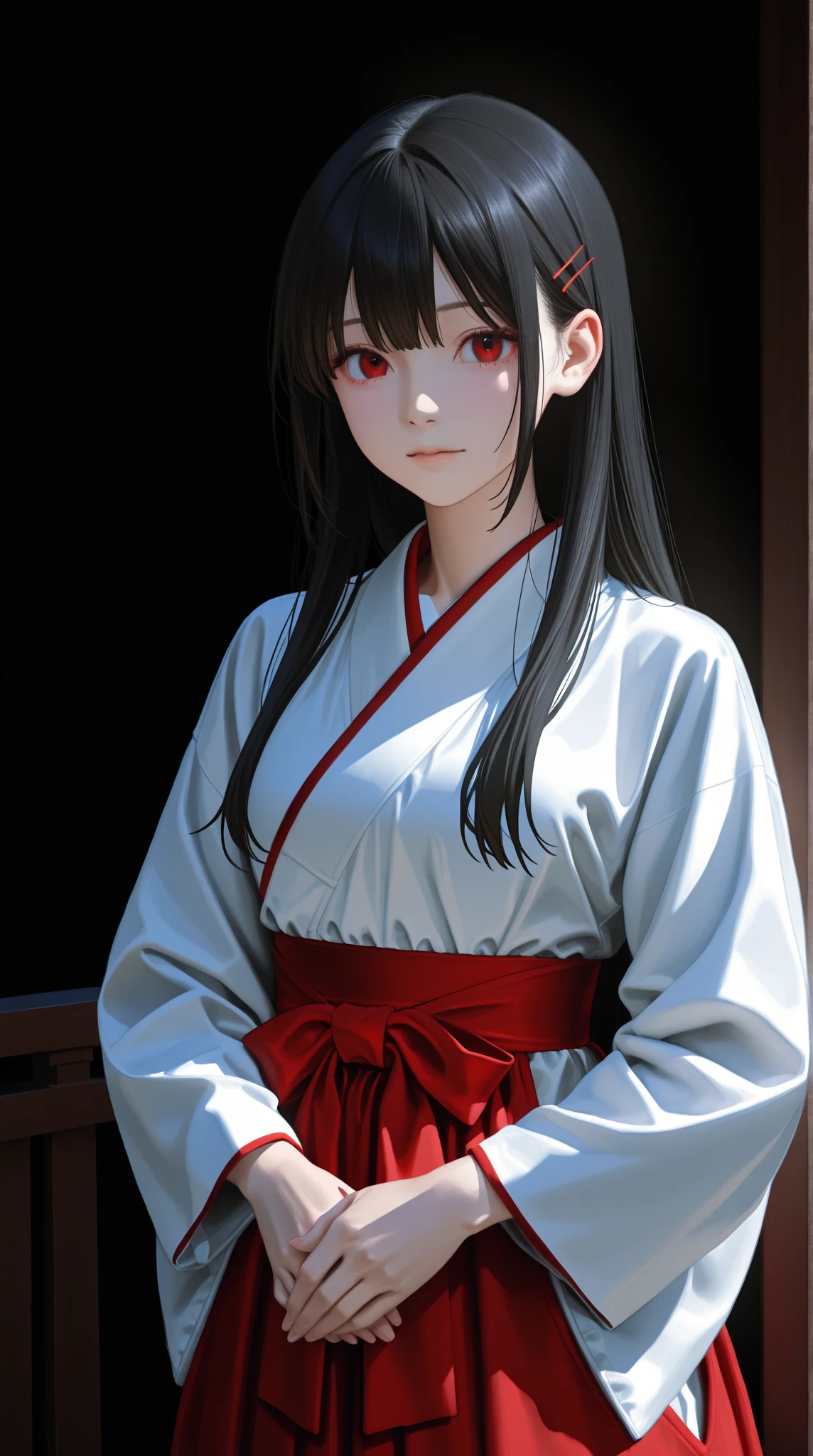 Japanese shrine maiden, girl, shrine, mysterious, human, shrine maiden clothes, short and slender person, standing, white skin, white skin, long black hair, red eyes, crazy smile, beautiful face, night, Beautiful face, white and red clothes, beautiful limbs, tamagushi, white jacket, sleeves, white gloves, traditional clothes, red skirt, black moon, red moon, looking at the viewer, intimidating gaze, drawing style, dynamic light, ultra detail, extremely detailed CG, micro intricate, highly detailed skin, highly detailed face, highly detailed pupils, highly detailed iris, RAW photo, best quality, high resolution, ((masterpiece)), realistic, sharp focus, HDR, 8K resolution, intricate detail, sophisticated detail, hyper detailed, (depth of field), highlight and shadow, volumetric lighting, highly detailed background, by Kentaro Miura:1.1, comicbookpencils:0.9, greyscale(line art:1.1)