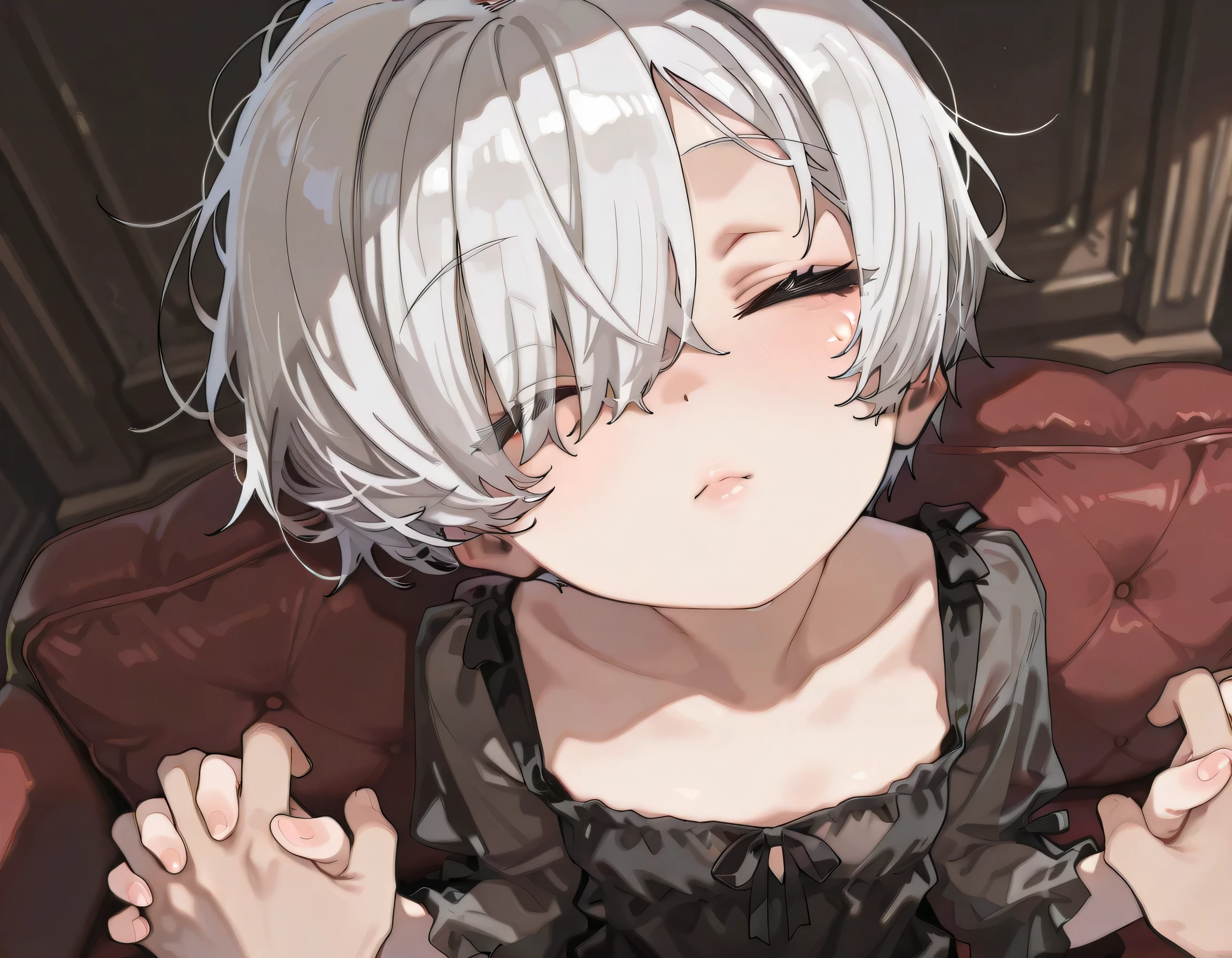 {{{masterpiece}}}, {{{best quality}}}, {{ultra detail}}, {illustrations}, {{very delicate and beautiful}},(solo, boyish girl, ,slender:1.3,Flat chest),(),(very short hair,messy hair,silver hair,hair covering one eye, closed eyes:-0.5 ,luxury, ,Eyes See-Through Hair), cinematic angle, cute pajama, cute face, interlocked fingers, holding hands, kissing lips, POV, looking up at viewer