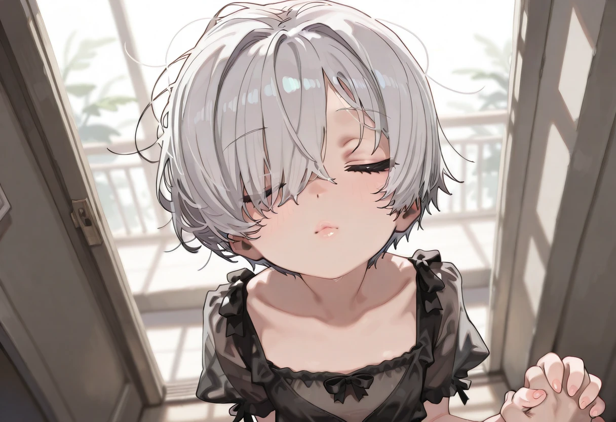 (masterpiece, best quality:1.5), (ultra detailed, high resolution, 8k, beautiful detailed, UHD, best anatomy), white hair, small breasts, 1girl, closed eyes, Tears roll down my cheeks, high , dull background