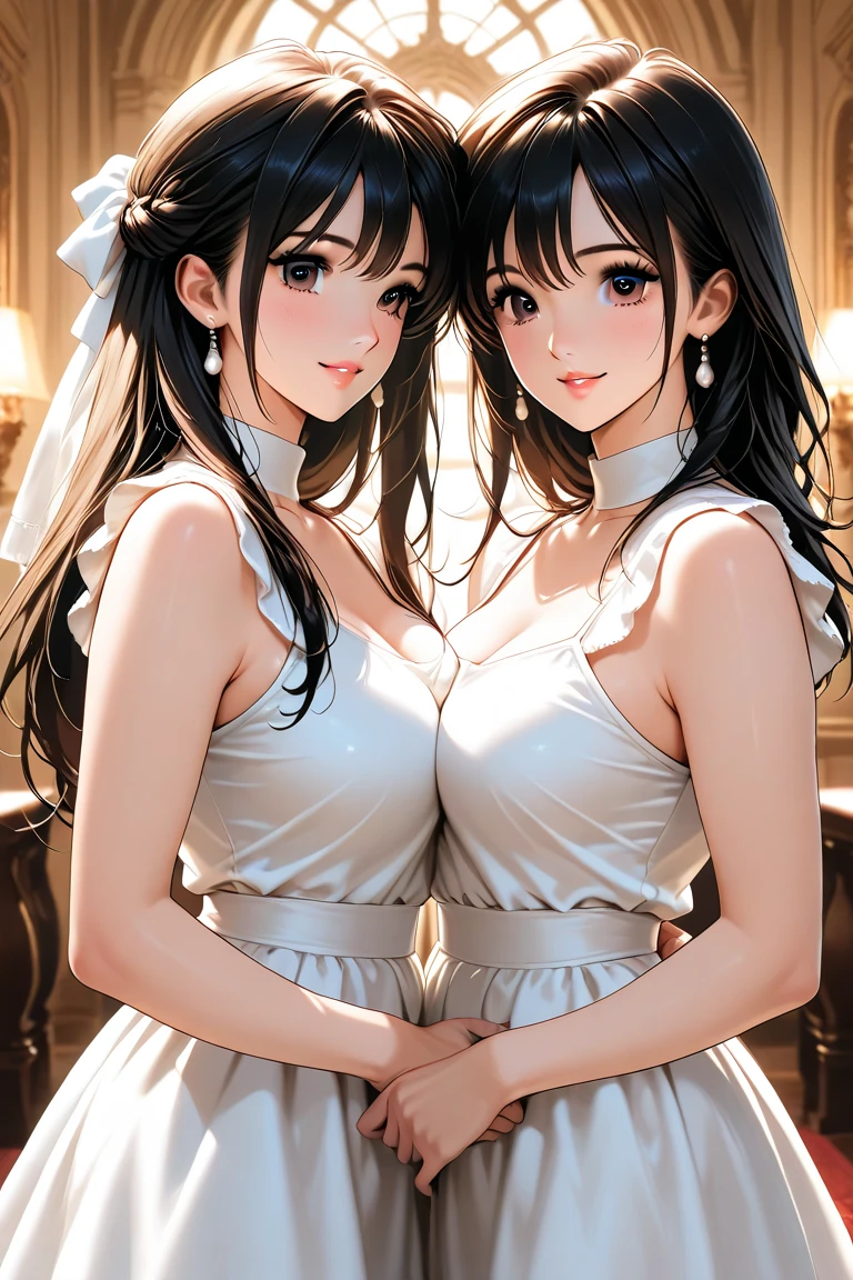 2girl,cute,twins,gemini,like a eachother,big breast,cleavage,wedding dress