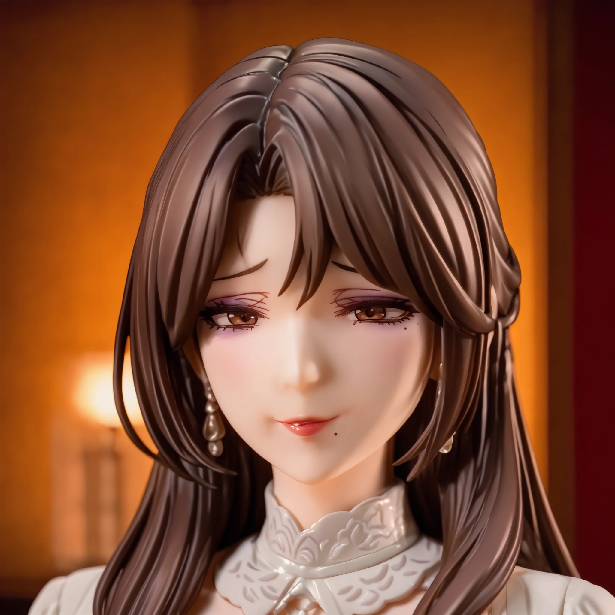 1girl, mature woman, milf, Middle-aged woman, elegant, soft smile , warm personality, Classy , golden circuit , behave decently, ultra detailed, high quality , soft lighting, long dark hair, Smooth long Hair , parted bangs, natural waves, manicured , middle part , slightly wavy, firm face look, soft lips , glossy lips, warm brown eyes, slightly raised eyebrows, delicate makeup , natural beauty , soft smile , looking warmly, slightly tilting head, close-up, full head,