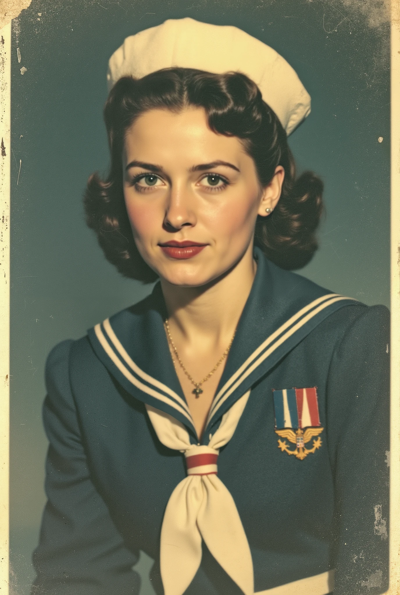 Portrait of a sailor mars from the 40s, the image is torn and scratched, the image is worn out, aging paper