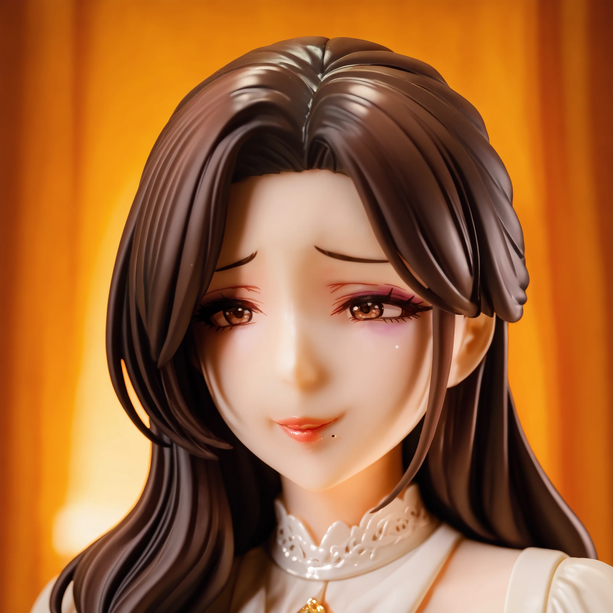 1girl, mature woman, milf, Middle-aged woman, elegant, soft smile , warm personality, Classy , golden circuit , behave decently, ultra detailed, high quality , soft lighting, long dark hair, Smooth long Hair , parted bangs, natural waves, manicured , middle part , slightly wavy, firm face look, soft lips , glossy lips, warm brown eyes, slightly raised eyebrows, delicate makeup , natural beauty , soft smile , looking warmly, slightly tilting head, close-up, full head,