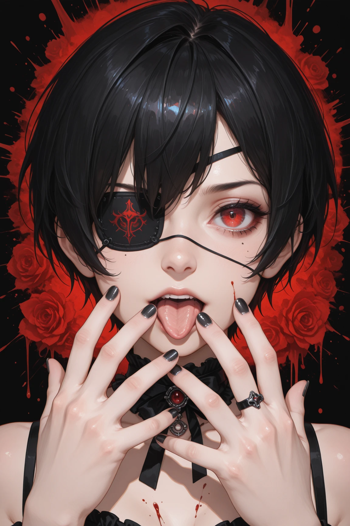 ((male:1.5)),(forehead mark),(black hair:1.2),((:1.2)),(Nihilistic smile:1.5),((A room with a sexy atmosphere:1.25)),(nsfw:1.0),((high quality:1.1)),((perfect finger:1.2)),((beautiful image:1.1)),(blush,Falling into Pleasure:1.3),((holding a Japanese-patterned umbrella:1.1)),((Tongue out:1.3))