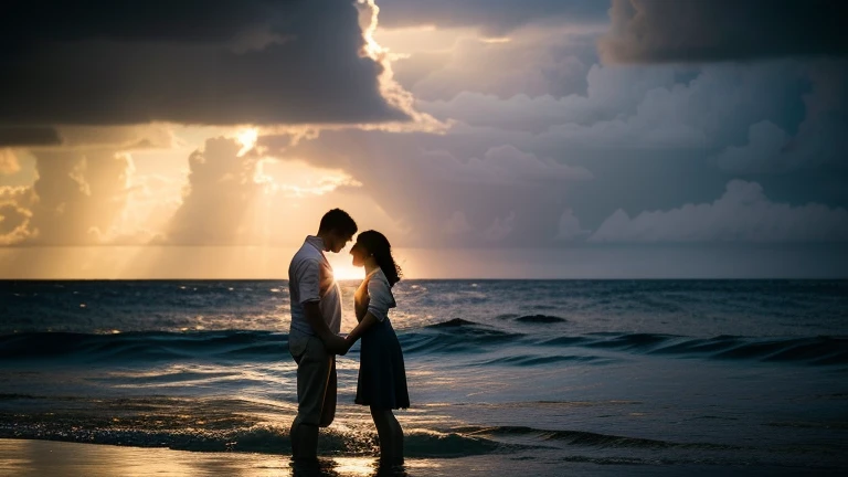 Generated a girl and boy looking at the sunset of the sun and the ocean with a calm face and a slight smile The two people looking at the horizon 