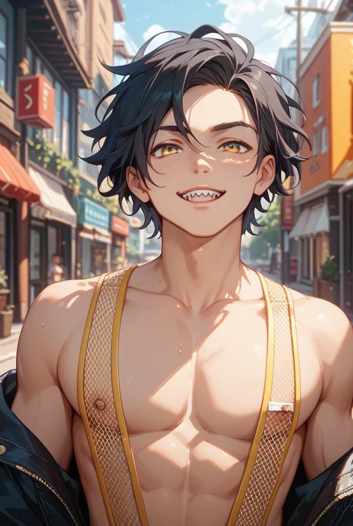 atuendo arabe color  con dorado ultra realista, 16-year-old boy with brown cinnamon skin, cuerpo atletico tonificado cabello liso,masculino serio pensativo observador tiene el dorso desnudo y viste un atuendo  con dorado tipico del antiguo egipto, caminando, sonriendo  por las calles de una moderna ciudad un amigo cernaco se acerca por atras y lo abraza