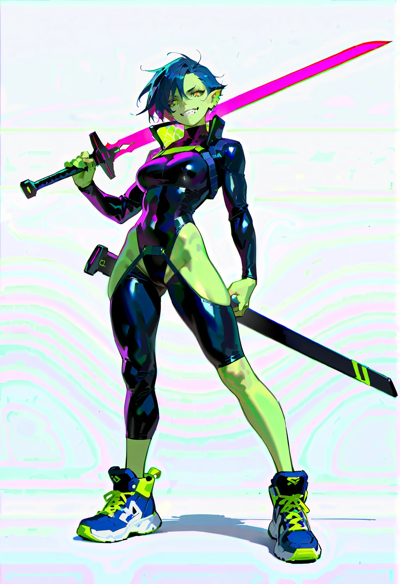 (((masterpiece))), (((Best Quality))), ((Ultra-detailed)), (High Definition anime Illustration), ((extremely delicate and beautiful)),((1 orc girl)),solo, Full body, night blue hair and yellow eyes,((Cyberpunk suit))((holds a sword in a scabbard)),(pale green skin)(pointed long ear)(smiling JAGGED-TEETH),(Muscular but feminine body shape),(wears high tech sneakers)(Character Focus),highly detailed, Colorful, highest details, Cyberpunk orc lady, Beautiful and terrifying, Digital Painting, 8K High Resolution, trend art station, Whole body, full body standing, front viewer, (((white background)))