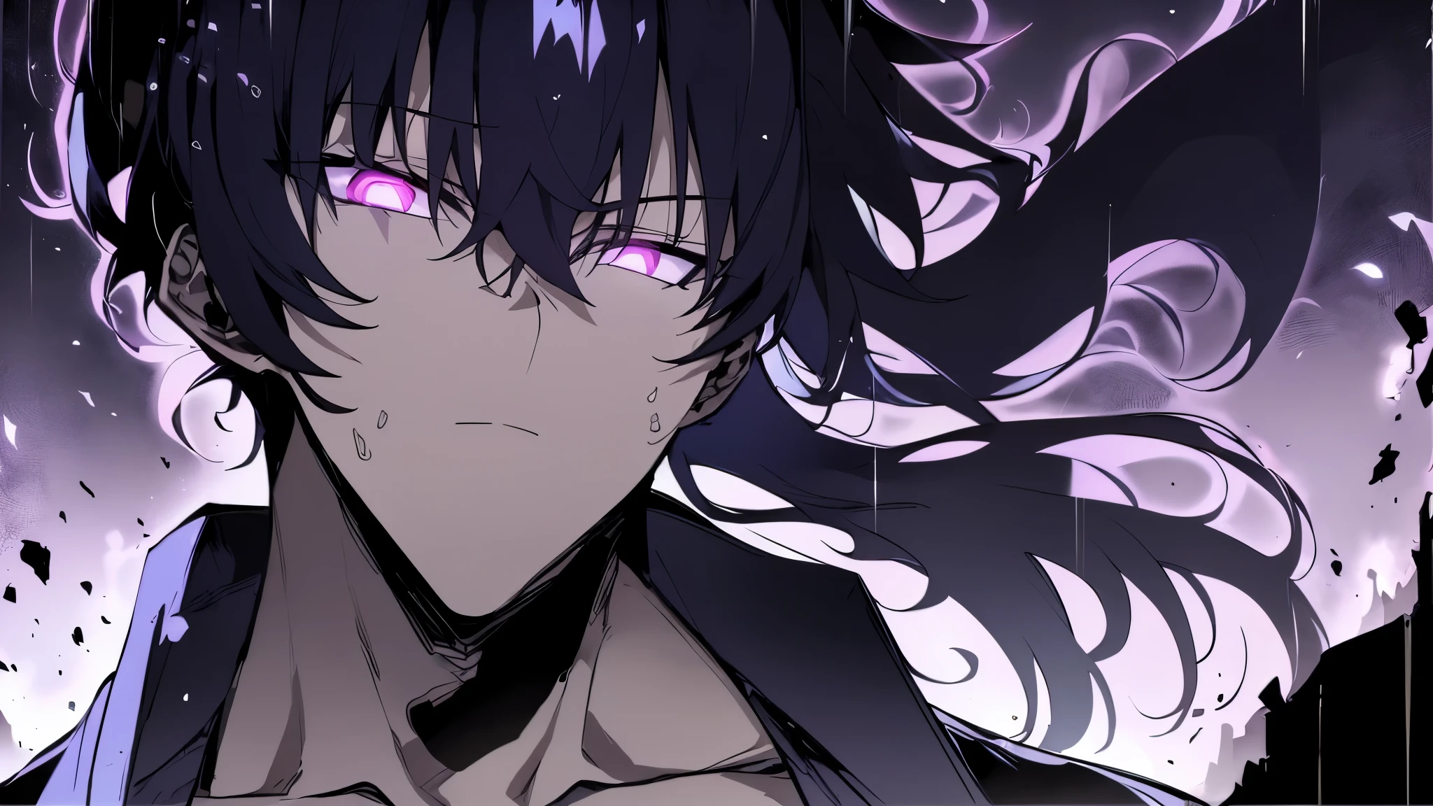 Super-detailed 8K masterpiece full-body portrait of a lone male assassin character inspired by Kaneki Ken in Tokyo Ghoul, laugh confidently, cruel, in the art style of Solo Leveling. short black hair, glowing purple eyes, pale skin , cinema light, Strong depth of field. Black hood, rain drenched, standing alone in dark Tokyo cityscape. Hair partially covering the face, gaze attentively looking at the viewer, somber and dramatic expression. luxurious fabric motifs on clothes, ray tracing reflection, extremely sharp detail, high contrast shadow, serene atmosphere. Solitary focus, aesthetics of the core male protagonists, anime style with a modern touch, Strong.