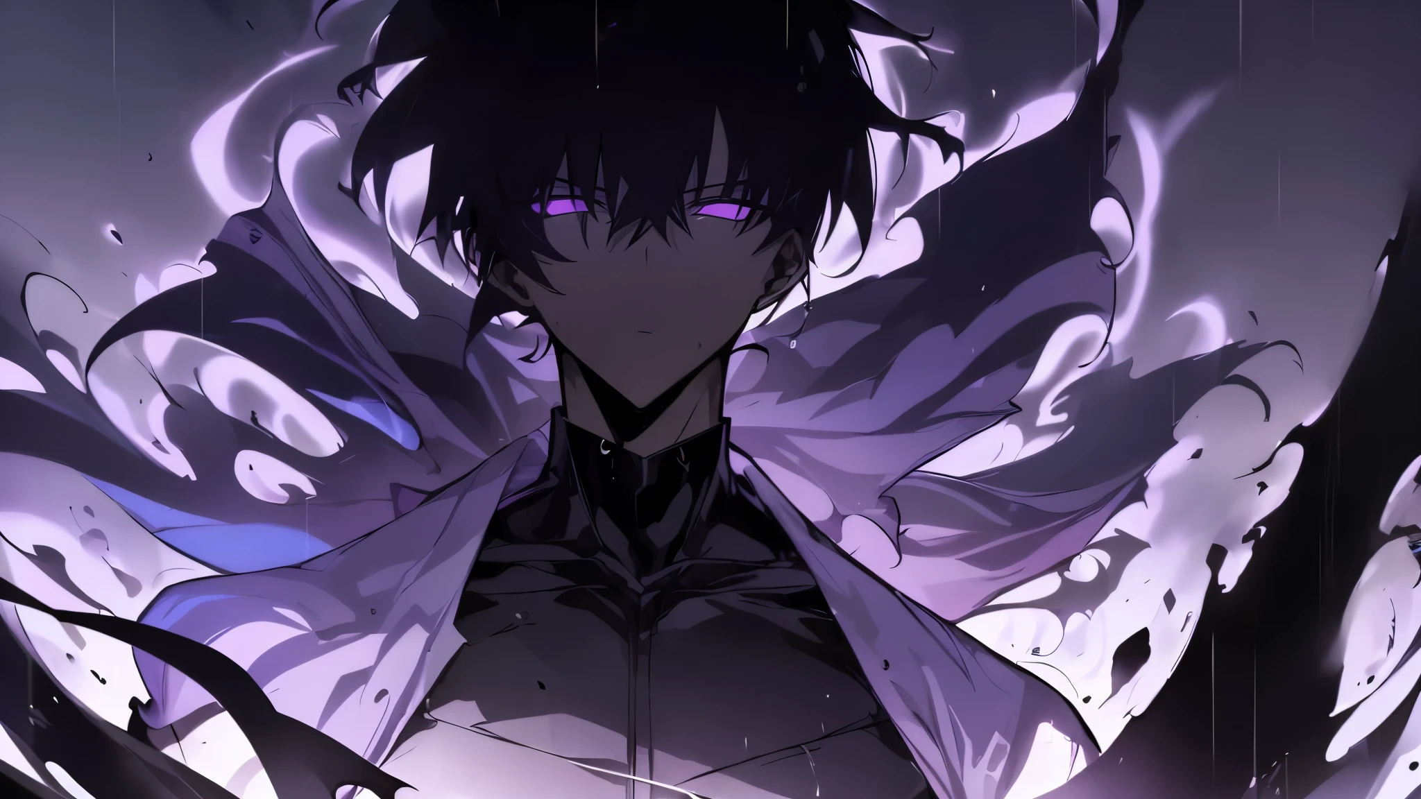 Super-detailed 8K masterpiece full-body portrait of a lone male assassin character inspired by Kaneki Ken in Tokyo Ghoul, laugh confidently, cruel, in the art style of Solo Leveling. short black hair, glowing purple eyes, pale skin , cinema light, Strong depth of field. Black hood, rain drenched, standing alone in dark Tokyo cityscape. Hair partially covering the face, gaze attentively looking at the viewer, somber and dramatic expression. luxurious fabric motifs on clothes, ray tracing reflection, extremely sharp detail, high contrast shadow, serene atmosphere. Solitary focus, aesthetics of the core male protagonists, anime style with a modern touch, Strong.
