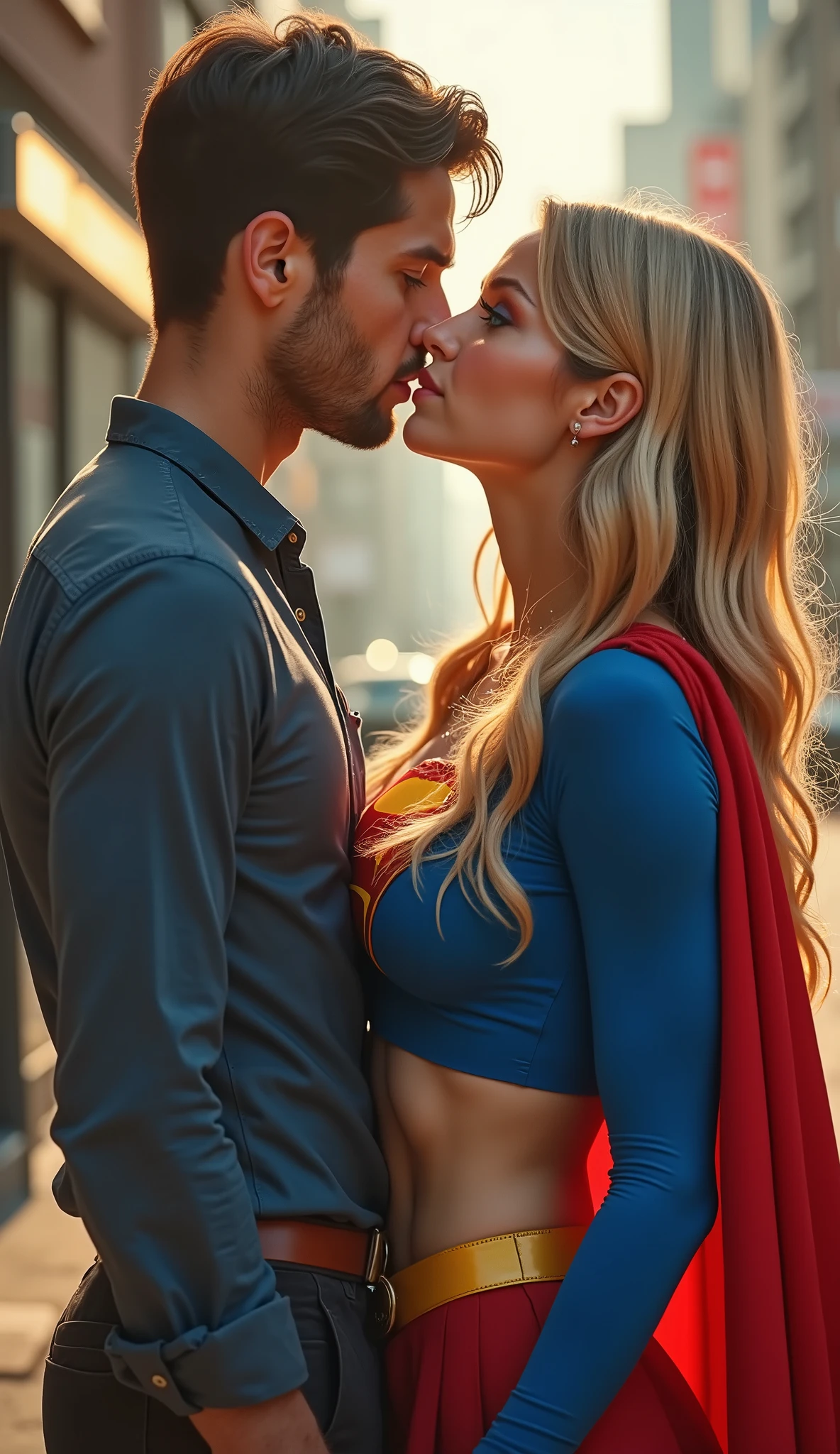 SEX SCENE, DOGGY STLE POSISTION. A high-quality PHOTO REALISTIC digital photo captured with an intricate mirrorless camera setup, featuring a SLENDER BLUE EYED blonde COSPLAYER dressed in a vintage 1980-style Supergirl CROP TOP costume. The suit is REALY TIGHY-fitting and vibrant, with a bright blue SHORTENED CROP top, short blue MINI skirt, classic yellow belt, classic red supergirl boots and a flowing red cape. HER SWOLLEN ROUND THICK BOSSOM STRETCHING AGAINST THE FABRIC.



Her long blonde hair is styled loosely, cascading over her shoulders, and Photographed with a cinematic eye — shallow depth of field, realistic lighting, soft shadows, high texture detail, and a natural lens flare. The photo captures a blend of heroism, elegance, and personal charm in an intimate, realistic moment. handmade diffuse lighting telephoto