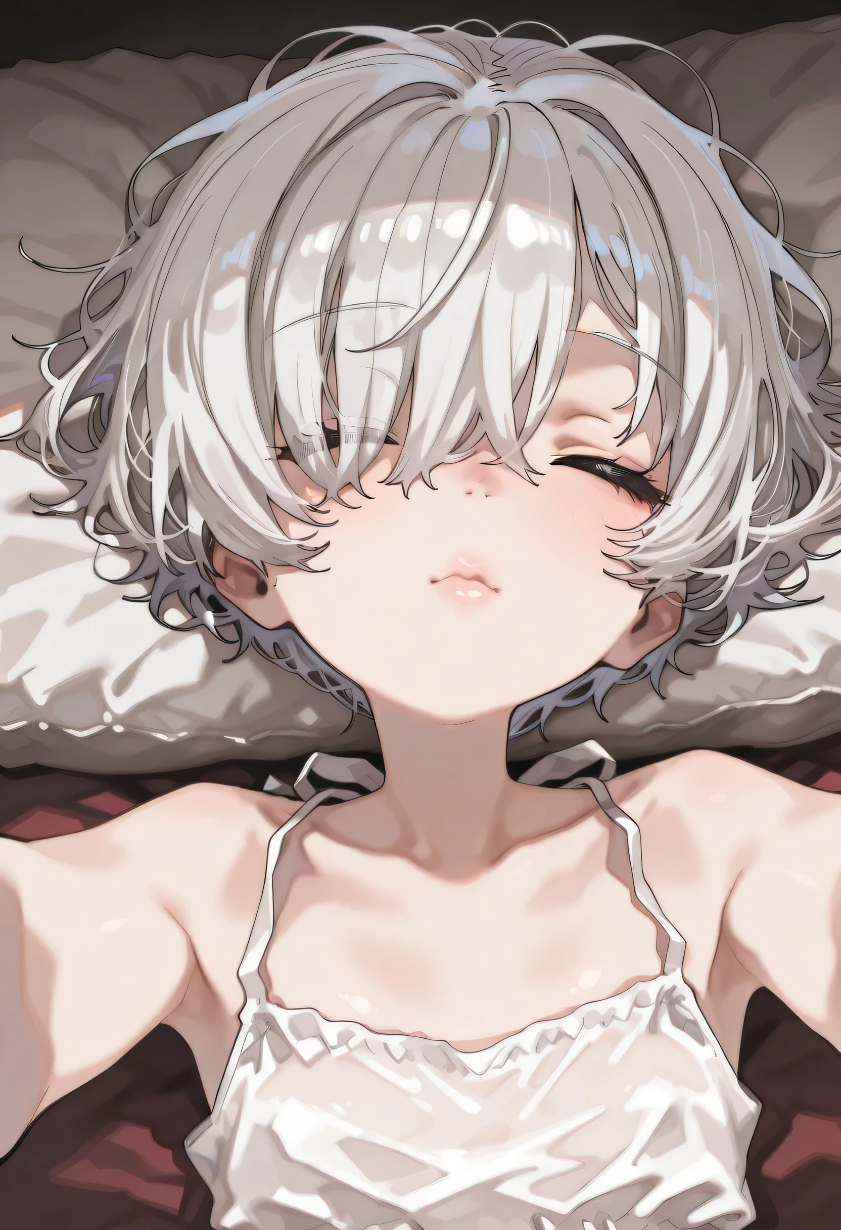 {{{masterpiece}}}, {{{best quality}}}, {{ultra detail}}, {illustrations}, {{very delicate and beautiful}},(solo, boyish girl, ,slender:1.3,Flat chest),(),(very short hair,messy hair,silver hair,hair covering one eye, closed eyes:-0.5 ,luxury, ,Eyes See-Through Hair), cinematic angle, cute pajama, cute face, kissing face, kissing lips, POV, looking up at viewer, lips focus, on back, 