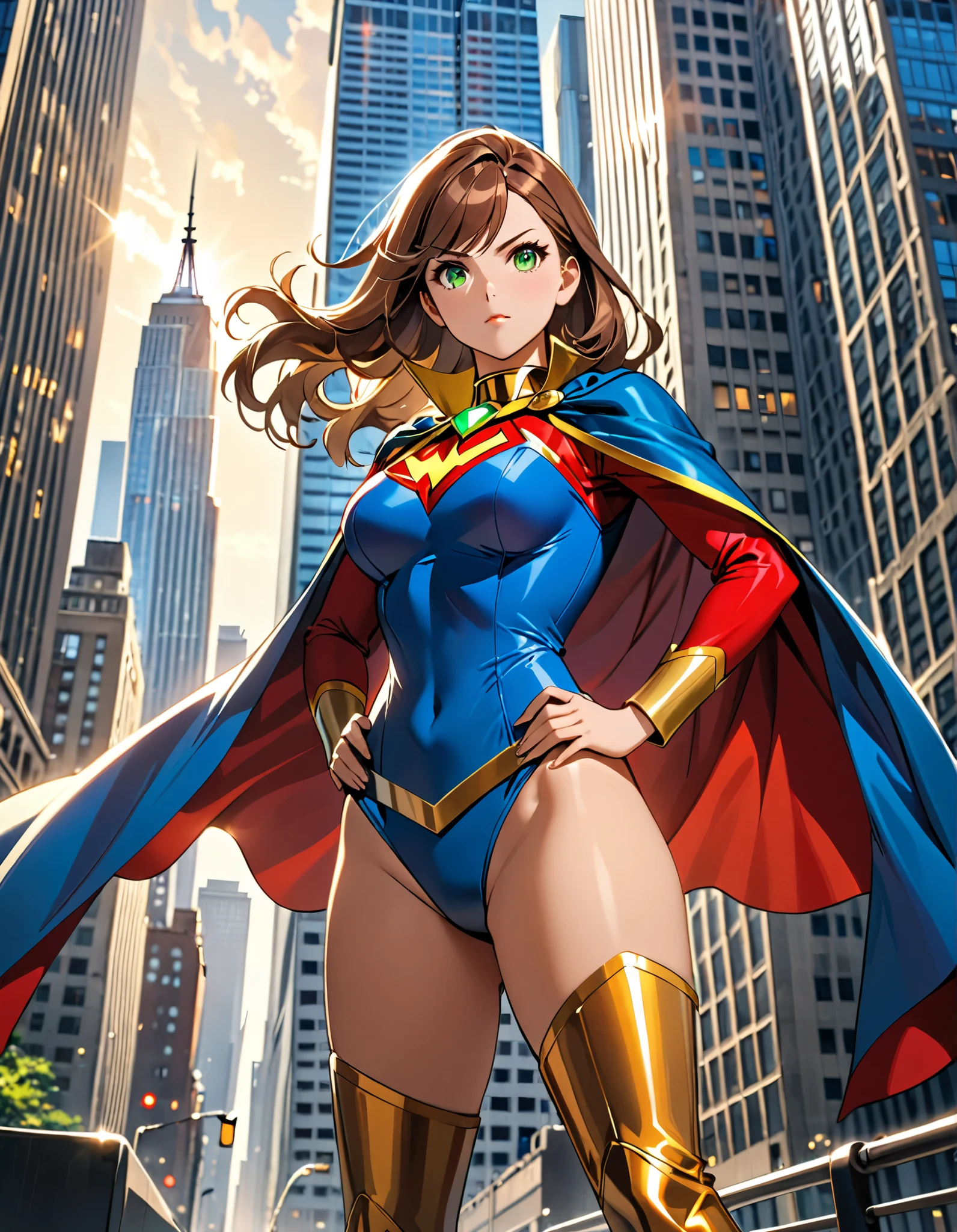 (masterpiece), (best quality), (high res), 1lady, tall body, beautiful detailed eyes, beautiful detailed face, perfect hands, complete fingers, perfect anatomy, perfect proportions, ((brown hair, medium hair)), ((green eyes)), ((leotard, red leotard, matching leotard, bare legs)), ((boots, matching boots, knee-high boots, yellow boots)), breasts, medium breasts, (full body portrait), looking at viewer, solo, solo focus, standing, one hand on hip, cowboy shot, new york backdrop, (belt, tight belt), (blue sleeves, yellow cuffs), (yellow hawk (symbol) on chest), (medium cape, light blue cape), full body costume design.