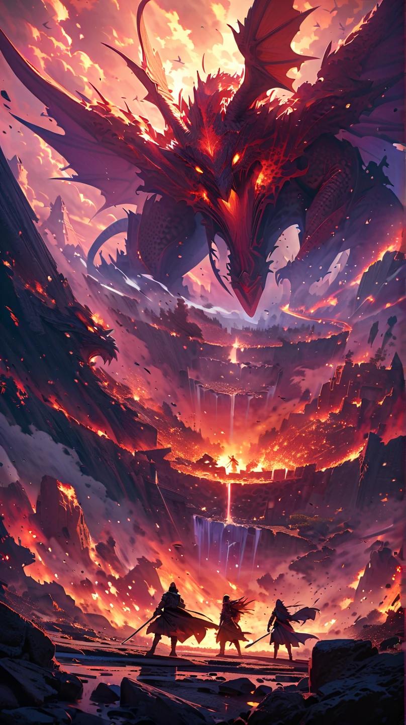demonic black and purple dragon attacking a viking village with a huge fire in the background, hyperrealistic d & d fantasy art, dungeon and dragons art, deathwing, giant kaiju dragon monster, colossal dragon in background, dungeons and dragons fantasy art, epic fantasy card game art, ancalagon the black, alduin, colossal dragon as background, amazing d & d dark sun art