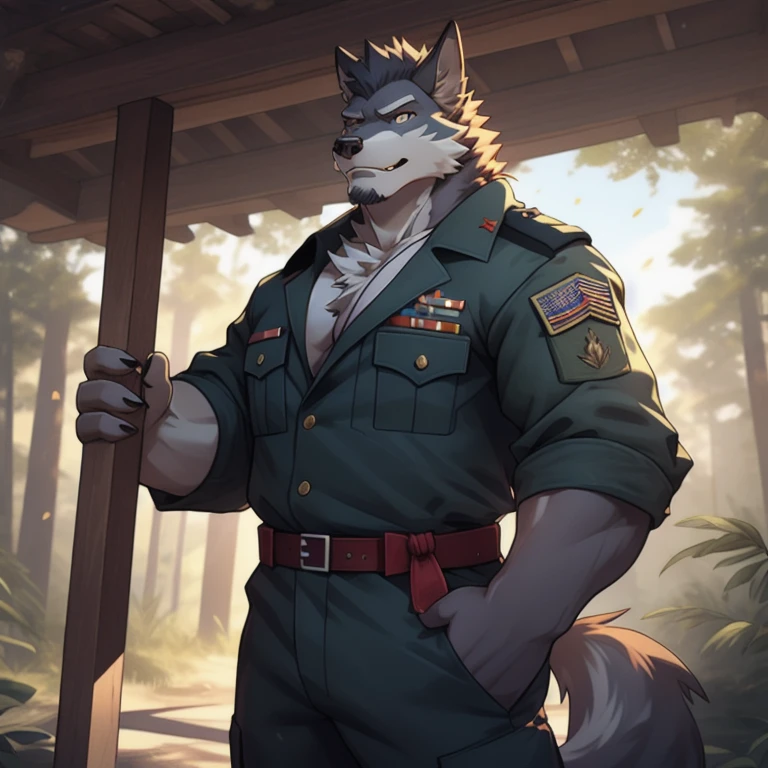 white wolf,dark brown eyes,Realistic eye details 1.5,Realistic hands 1.5,Strong body 1.2,wearing usmc dress blues alphas 1.0 ,The penis is getting hard.,Penis sticking out of crotch 1.0,(((Ejaculate a large amount of semen.))),Looking straight at the viewer,seductive eyes,Behind is a military camp.