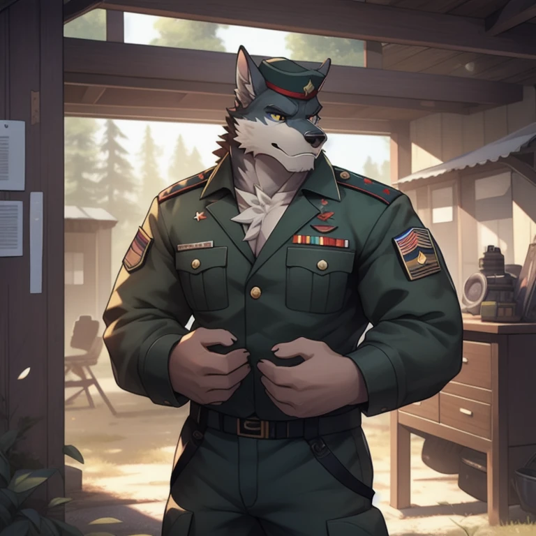 A furry snow leopard was wearing a white military cap and a white officer's coat. The left eye of the snow leopard is red and the right eye is blue. With confidence, it raises its nose and smiles through its strong chest and abdominal muscles