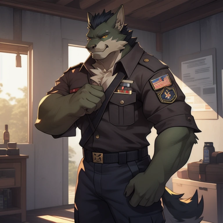masterpiece,high quality,japanese manga,exquisite eyes, male wolf orc,Golden animal hair,Wave pattern pendant,lecturer,Neatly dressed in military uniform, Great physique,Strong arms are a man's charm, , (Standing on the playground and whistling), , (Lightning bolt pattern),