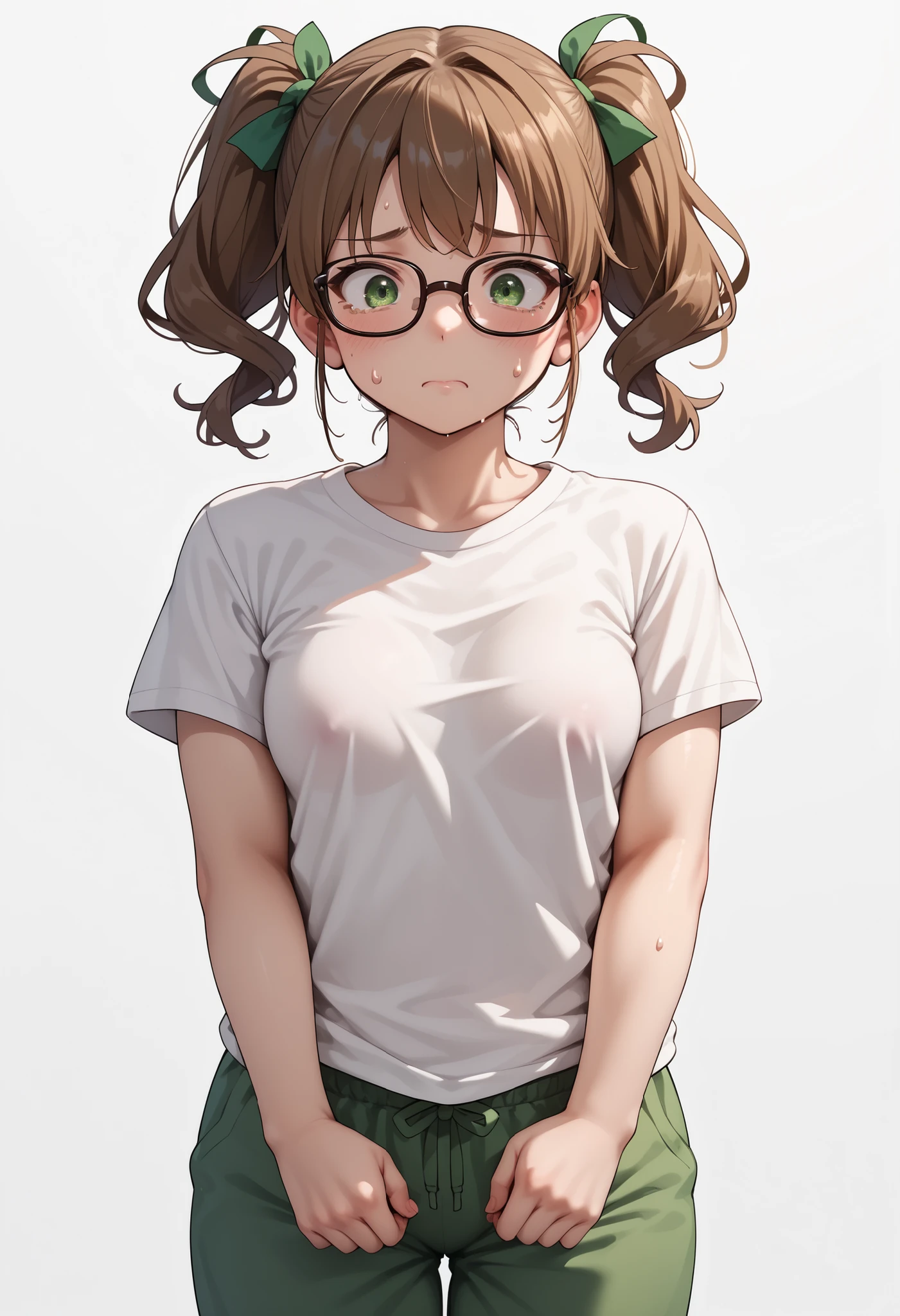 source_anime ,score_9, score_8_ up, score_7, ((White background))  ((japan woman)) ((1girl)) (solo girl) ,30 years old, rathing_questionable (White over size t-shirt:1.4) (green sweatpants:1.2), green eyes , (green  tied in a double ponytail) ,(Brown cat glasses) ((small breasts:0.8)) , ((Chubby figure:0.2))  scared ((thin:1 . 2))