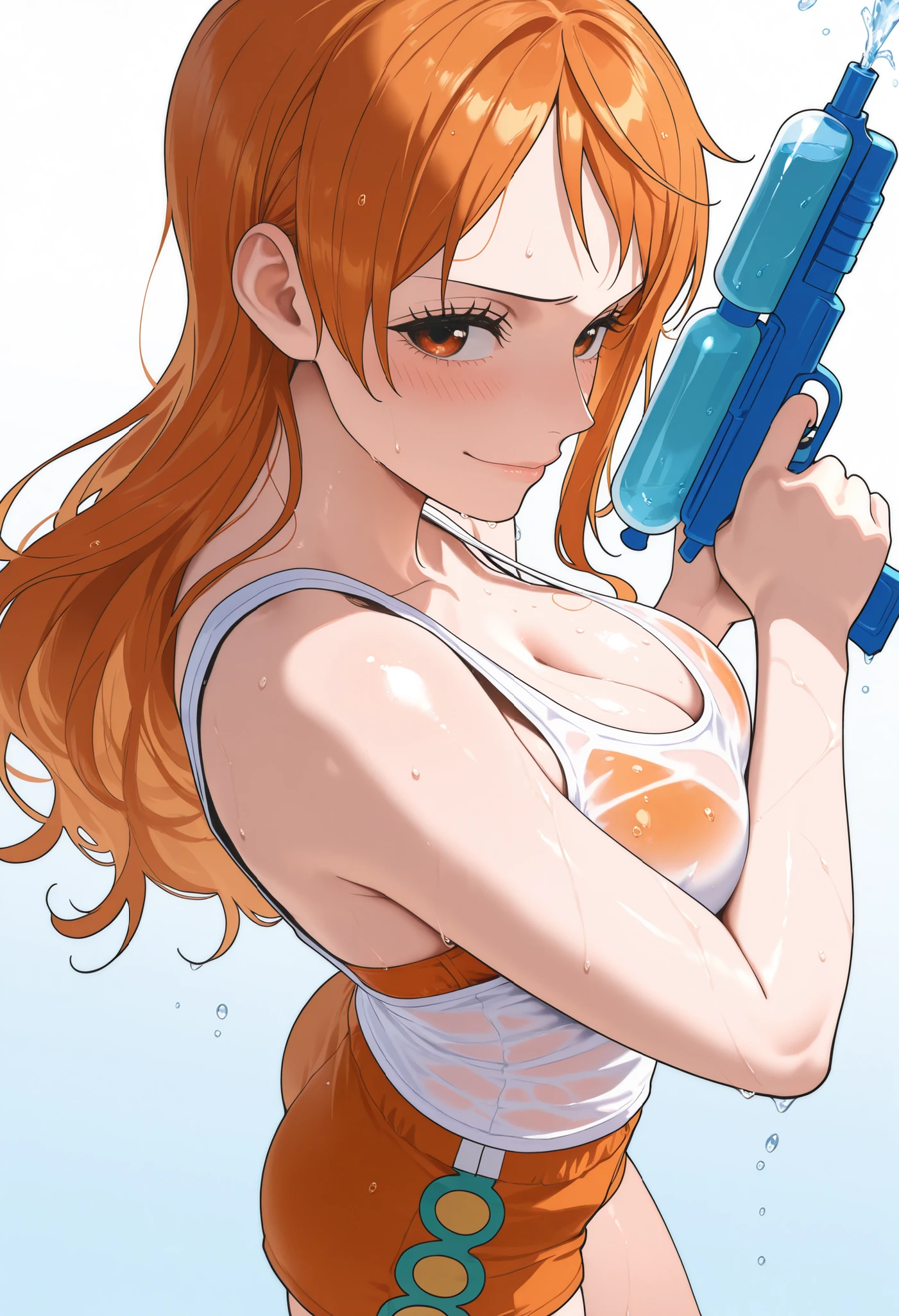 masterpiece, best quality, amazing quality, 1girl, (Nami, One Piece, orange eyes, orange hair), wearing white tank top, wearing orange bra, shy Face, close up shot, simple background, medium size , golden ratio face, sexy pose, Pinkish skin tone, smooth and soft skin, shiny skin, standing, Standing up, top view, side view, showing, (nsfw:1.2), wet body, holding water gun, Bangkok background, wearing orange shorts