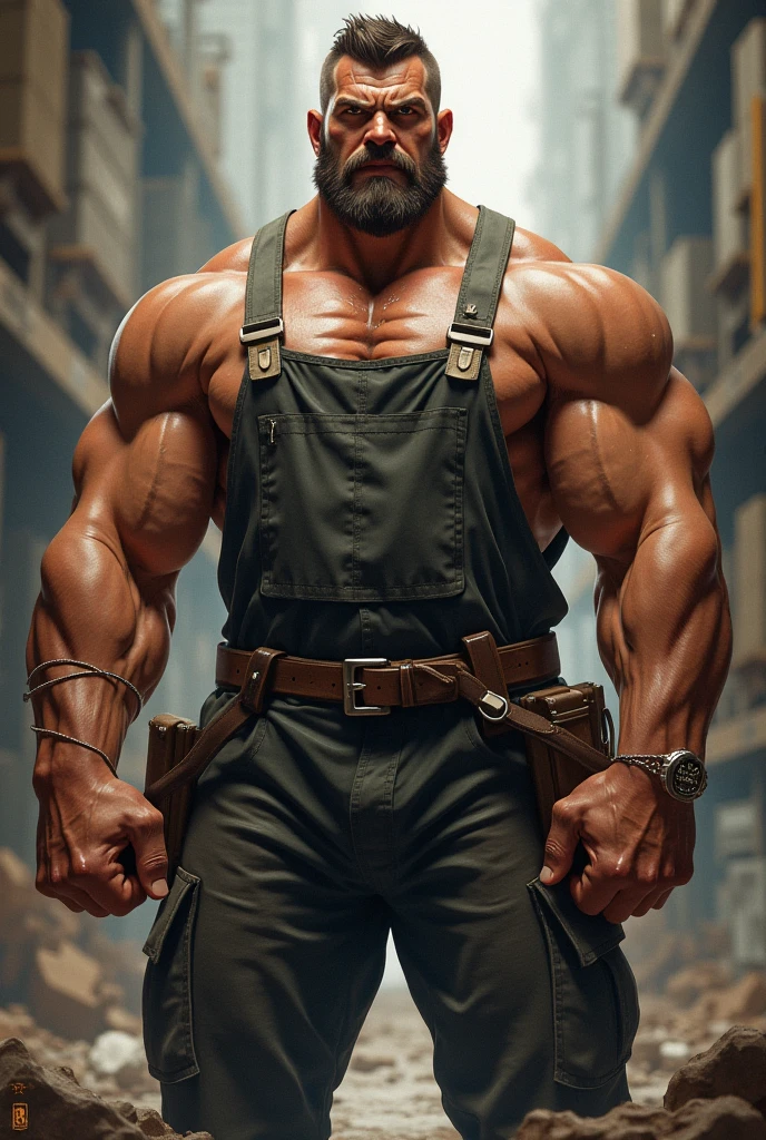 muscular janitor, mega bulky muscles, dirty and smelly uniform