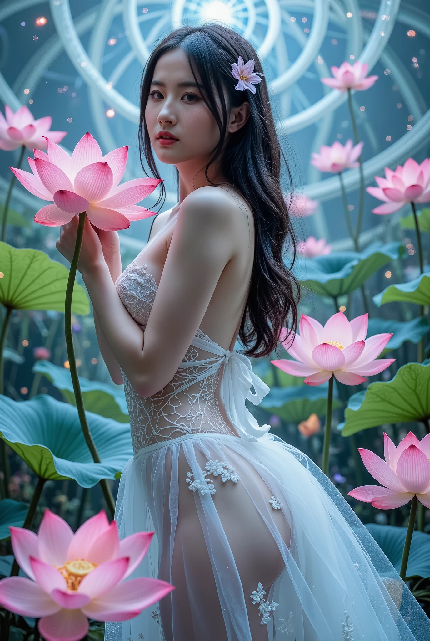 (1 girl:1.3),(lotus),hell_lady, anatomy correct,fantasy,anatomically correct, BREAK Sun exposure, reverberation, Experimental photography, surreal contrast, Eye-catching visuals, Artistic abstraction, Break the art of cutting, layered silhouette, complex patterns, exquisite craftsmanship, shadow play, Depth and size, creative expression, break art, Frozen sculpture, translucent forms, short-lived beauty, Crystal structure, exquisite craftsmanship, impressive, break green eye,body glow,Glowing lines,fluorescence,glow example,Example tracking,flash,Fluorescent particles,Backlight,Translucent,light particles,Motion blurred,movie lighting effects,fractal background