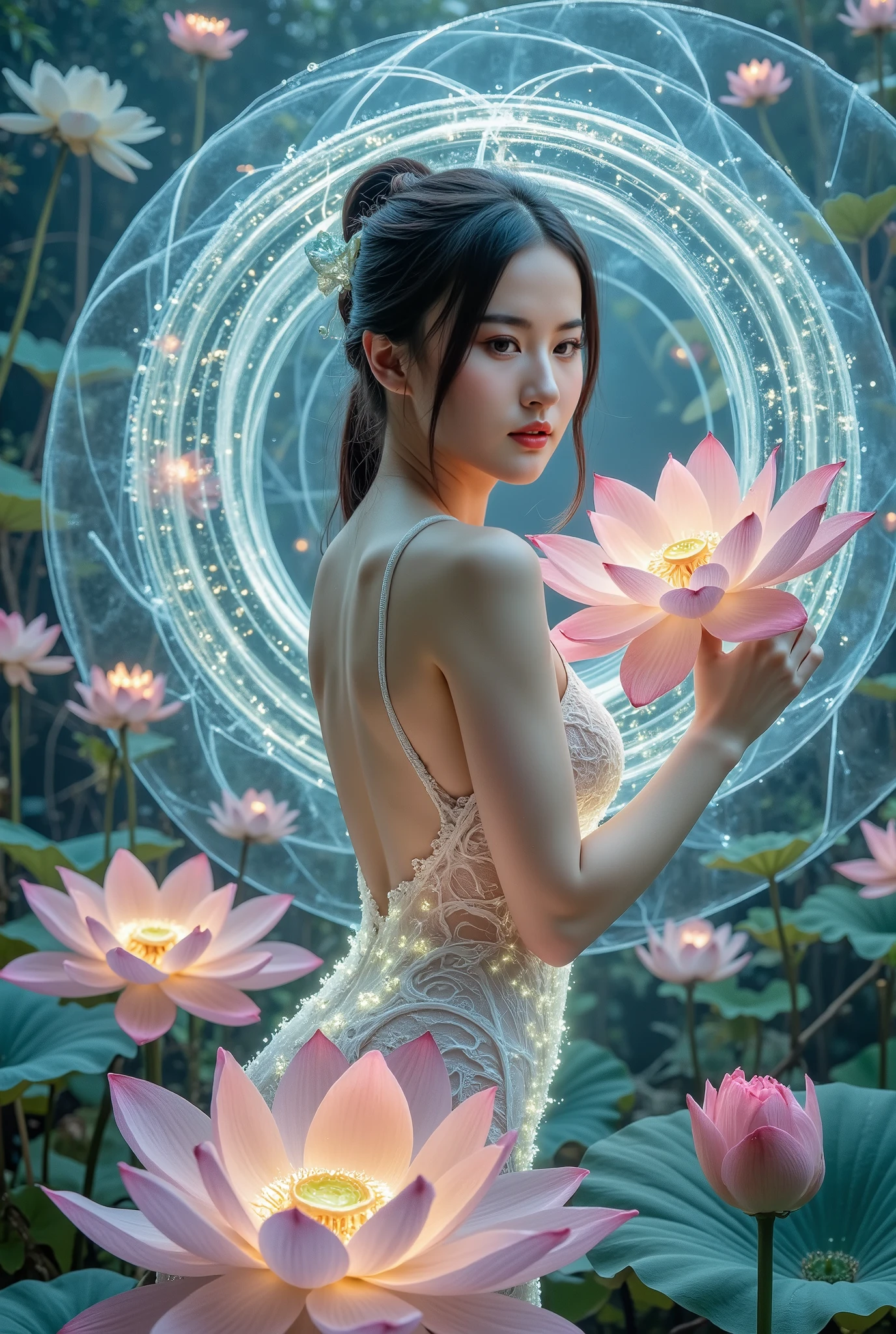 (1 girl:1.3),（lotus），hell_lady， anatomy correct，fantasy，anatomically correct，  BREAK Sun exposure, reverberation, Experimental photography, surreal contrast, Eye-catching visuals, Artistic abstraction, Break the art of cutting, layered silhouette, complex patterns, exquisite craftsmanship, shadow play, Depth and size, creative expression, break art, Frozen sculpture, translucent forms, short-lived beauty, Crystal structure, exquisite craftsmanship, impressive, break green eye,body glow，Glowing lines，fluorescence,glow example，Example tracking，flash，Fluorescent particles，Backlight，Translucent，light particles，Motion blurred，movie lighting effects，fractal background