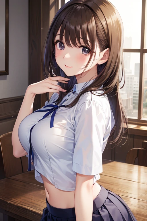 Best Quality,High resolution,8k,finelity detailed background,Masterpiece:1.2),beautiful girl,Shiny brown hair,Beautiful brown eyes,Gentle look,A refreshing look,smile,Best quality,Best Quality,Aesthetic and aesthetic:1.2,Best details((Super detailed))(High-definition CG illustrations),Sailor suit,Summer clothes,Big Breasts,Slender body,morning,sunlight,School,classroom,smile,blush,cute,Scrounge,Looking up,Being spoiled,super model,shoot from,below