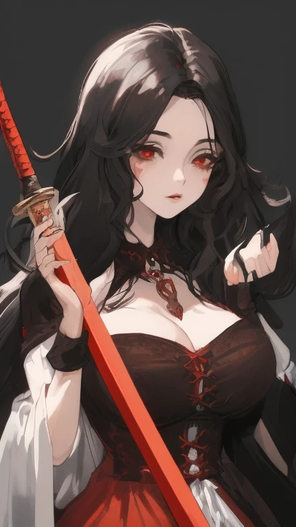 black haired mature woman, red eyes, adult, modest, victorian period, long staff, crimson magic around her