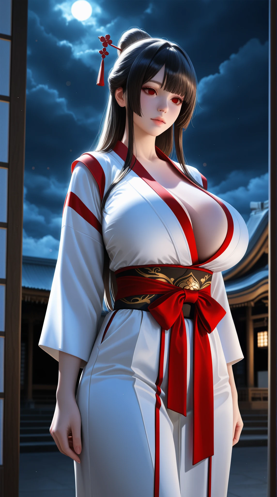 Rebecca Chambers, (samurai armor:1.2), ponytail, fluttering hair, long wavy hair, long curl hair, huge tit, thick thighs, (abdominal muscle, standing, hands on hip, upper body from below:1.2), blush, gentle smile, moss of abandoned castle, sunset