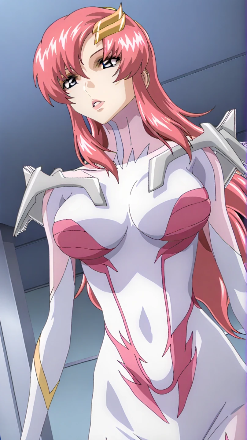 lacus clyne, (white Rubber bodysuit gold and pink lines, bodysuit, white gloves:1.3), 17 years old, height 1.5meters, chubby 34kg, light purple eyes, (pink hair:1.2), (long hair:1.4), (medium and soft breasts, Slender body, Small Ass:1.4), fair skin, (blue hairclip:1.2), (looking side:1.3), (cockpit:1.3), (leaning forward:1.2), (hands on knees:1.3), starry sky, tele shot, (perfect anatomy), depth of field, delicate details, best quality, anatomically correct, high details, HD, 8k, (perfect hands:1.2),