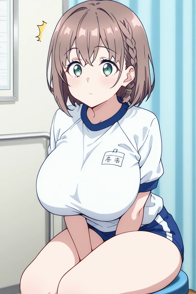 best quality, high resolution, locker room, 1girl, TsukiUzakiR4, closed eyes, (huge breasts), 1girl, competition swimsuit, grey hair, hair between eyes, blush, embarrassed, smile, closed mouth, sitting, seiza